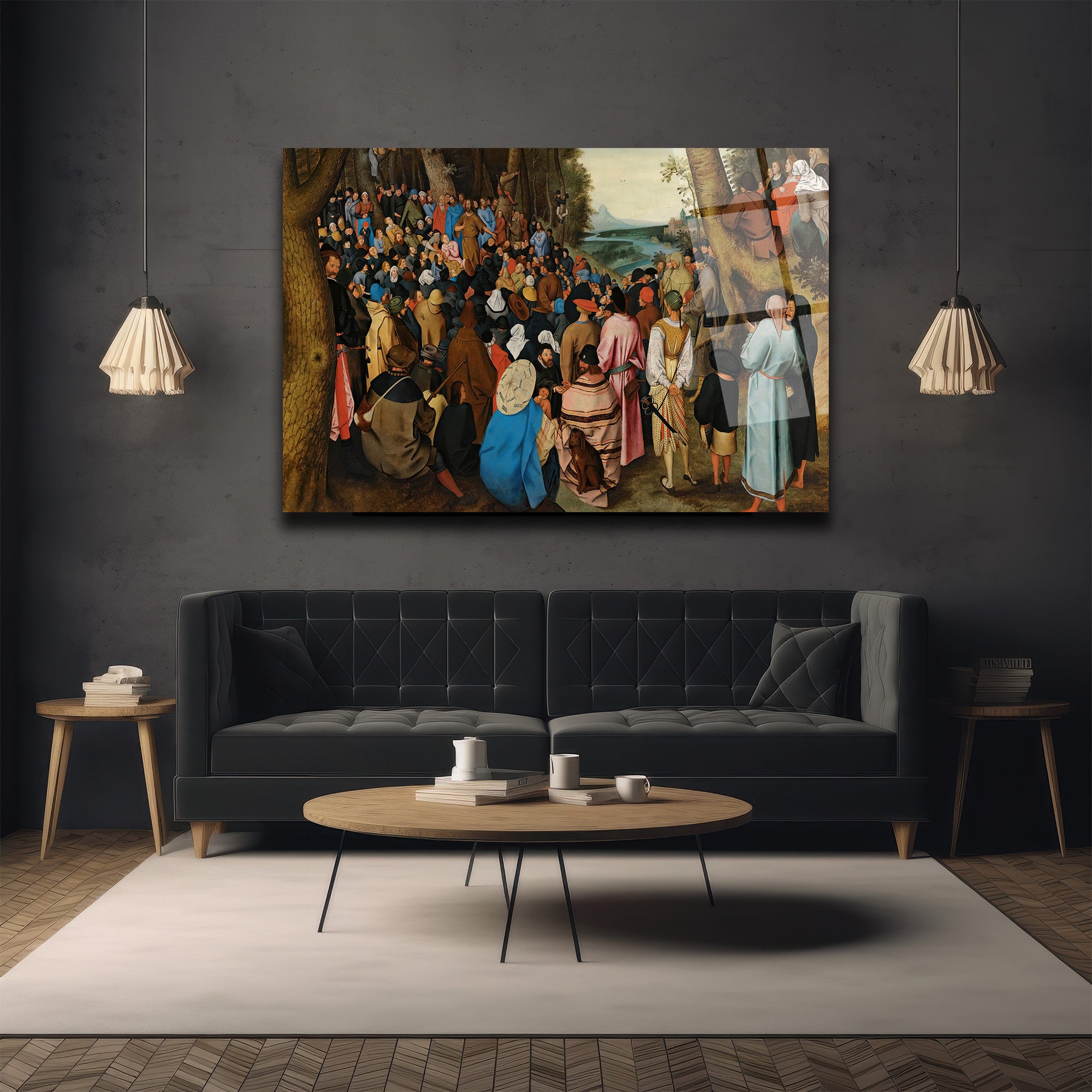 Bruegel Tarzı Kalabalık Vaaz Sahnesi Cam Tablo - Sanatsal Duvar Dekoru