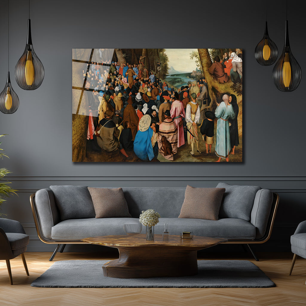 Bruegel Tarzı Kalabalık Vaaz Sahnesi Cam Tablo - Sanatsal Duvar Dekoru