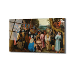 Pieter Bruegel the Elder'ın 'Vaftizci Yahya'nın Vaazı' adlı tablosundan esinlenilmiş, kalabalık bir topluluğun ormanlık bir alanda vaaz dinlediği, yoğun renkli tarihi sahne.