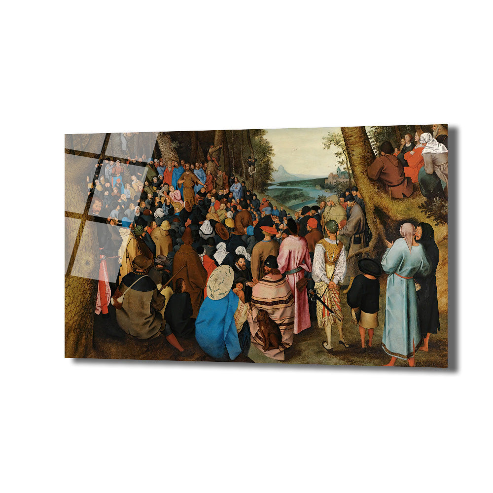 Pieter Bruegel the Elder'ın 'Vaftizci Yahya'nın Vaazı' adlı tablosundan esinlenilmiş, kalabalık bir topluluğun ormanlık bir alanda vaaz dinlediği, yoğun renkli tarihi sahne.
