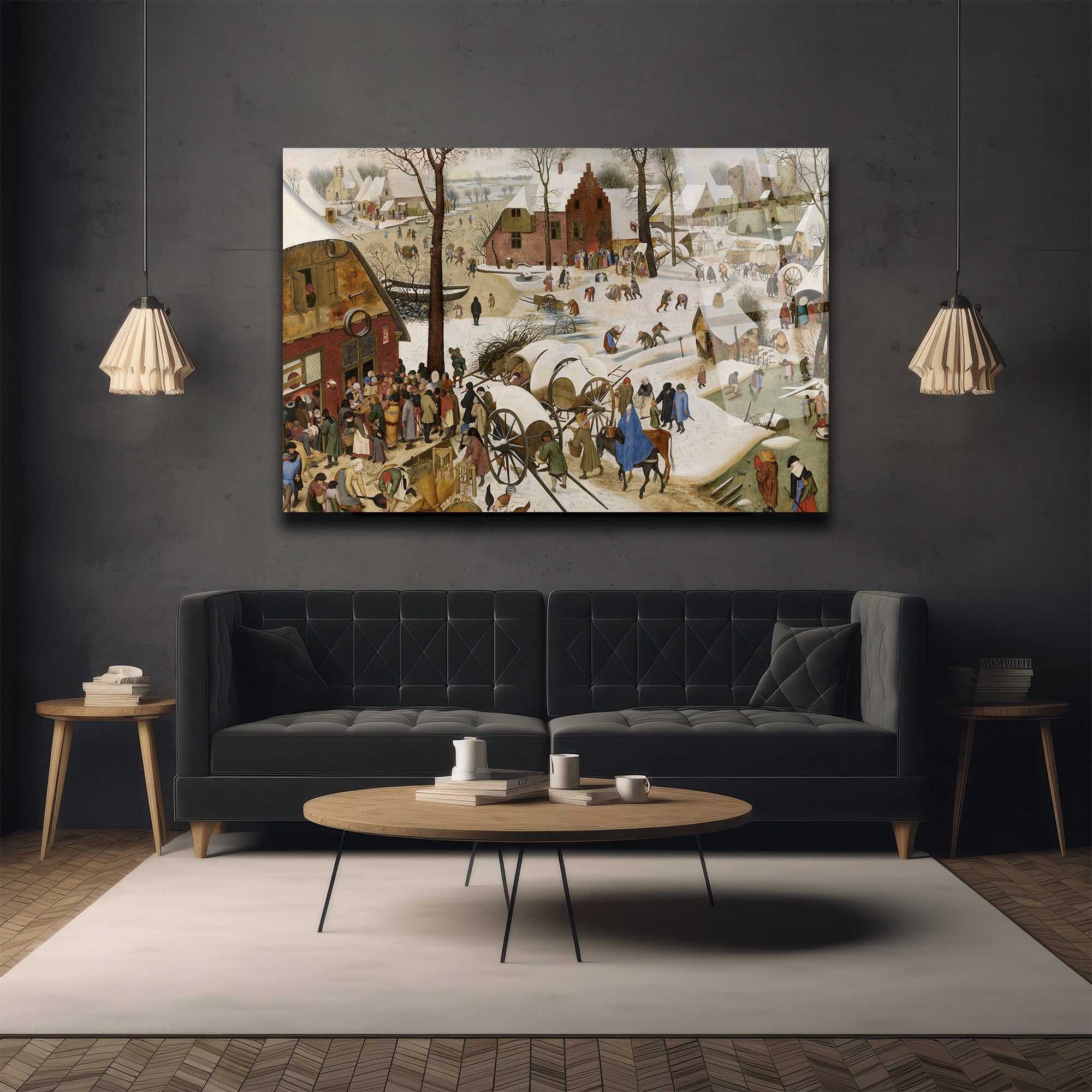 Bruegel Tarzı Kış Köyü Manzarası Temperli Cam Tablo