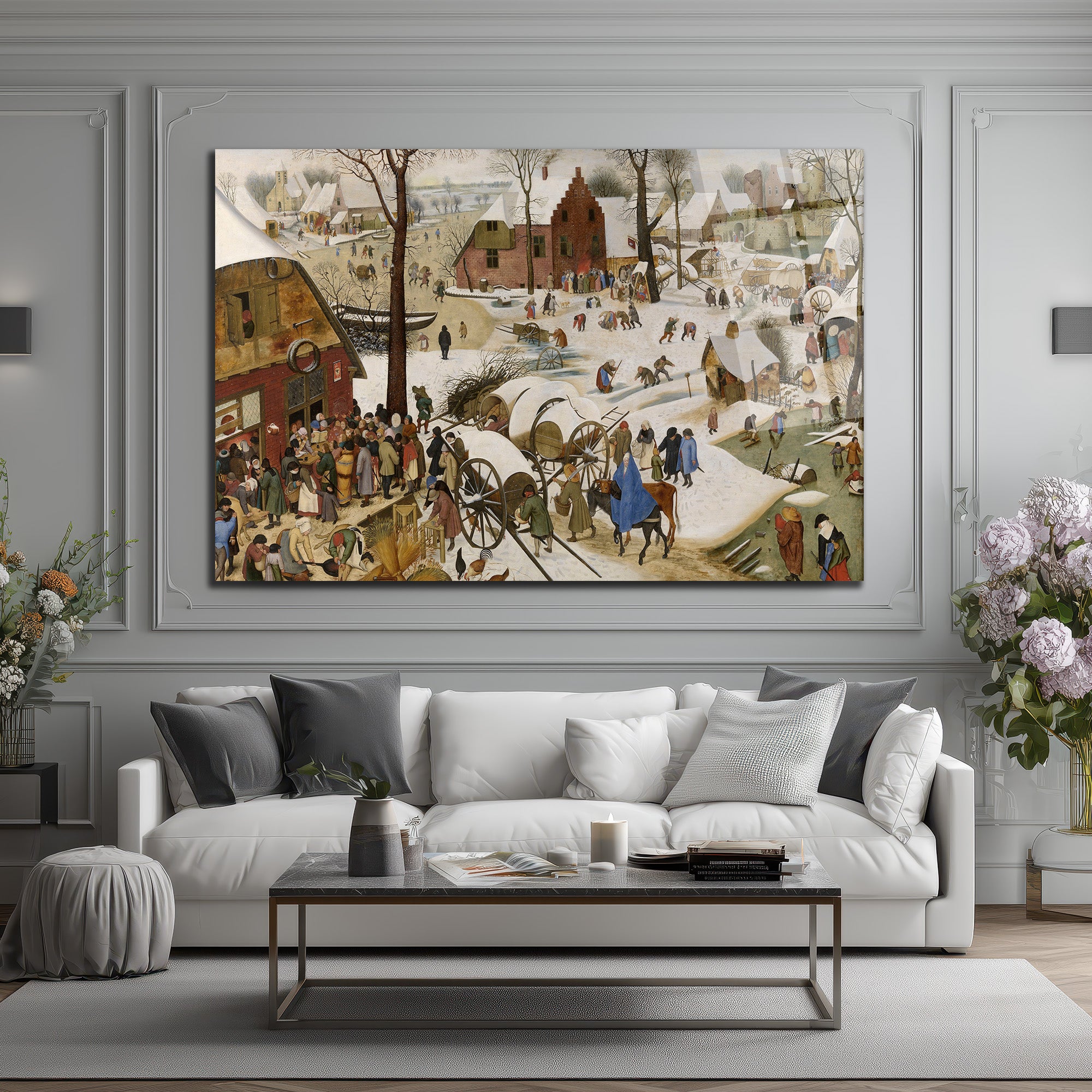 Bruegel Tarzı Kış Köyü Manzarası Temperli Cam Tablo