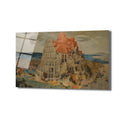 Pieter Bruegel'in ünlü Babil Kulesi tablosunun cam üzerine basılmış hali. Resimde, devasa, inşaat halindeki Babil Kulesi, etrafında hareketli bir şehir ve liman ile detaylı bir şekilde betimlenmiştir. Kulede gri ve tuğla kırmızısı tonlar, arka planda mavi gökyüzü ve yeşil manzaralar hakimdir.