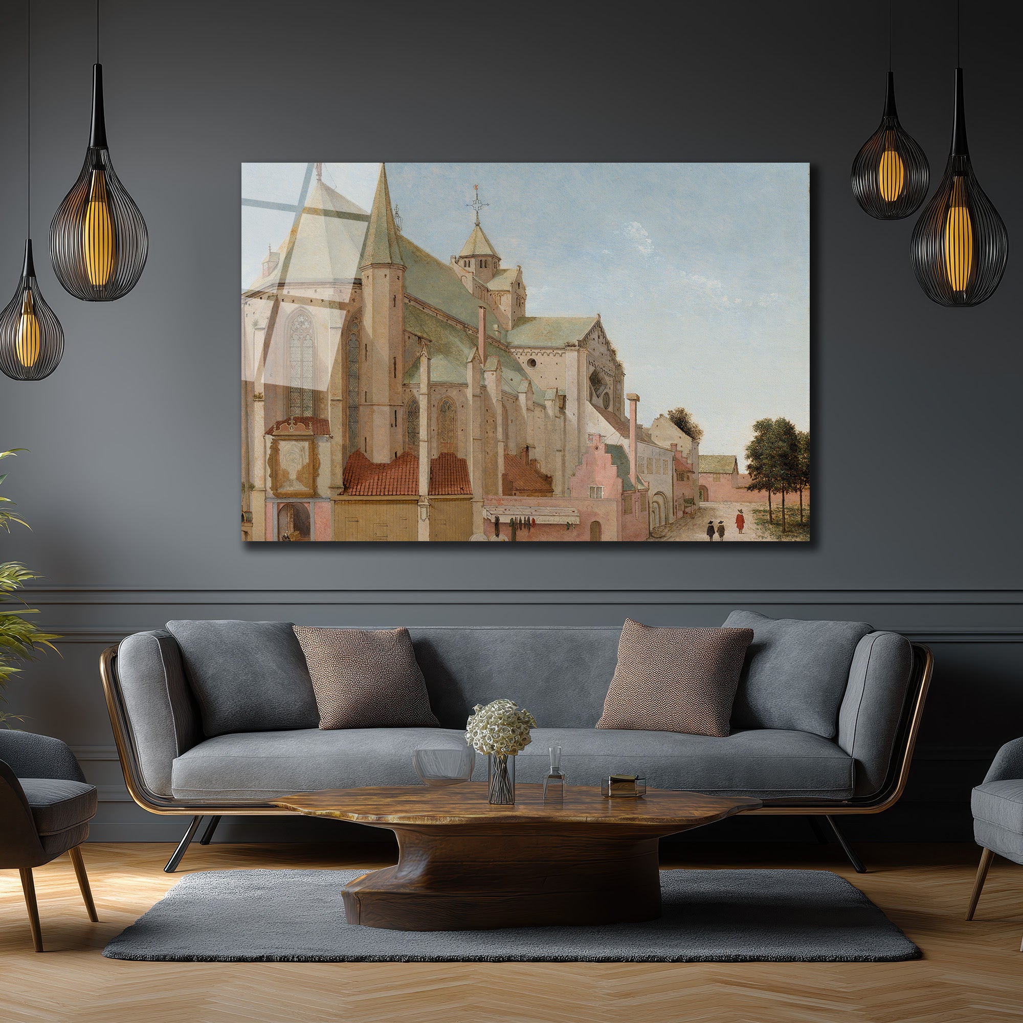 Tarihi Şehir Gotik Kilise Manzarası Cam Tablo