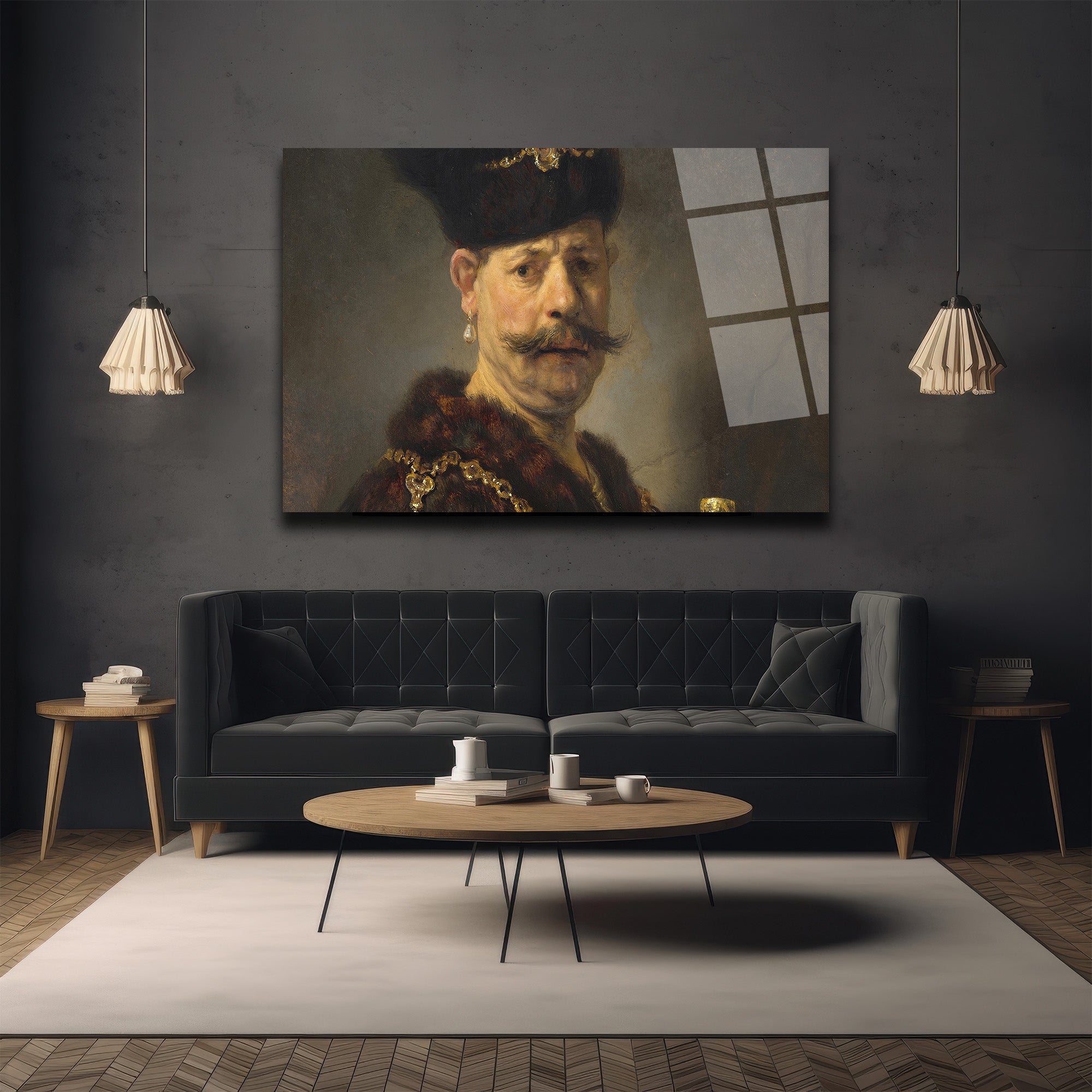Rembrandt Stili Bıyıklı Adam Portresi Cam Tablo