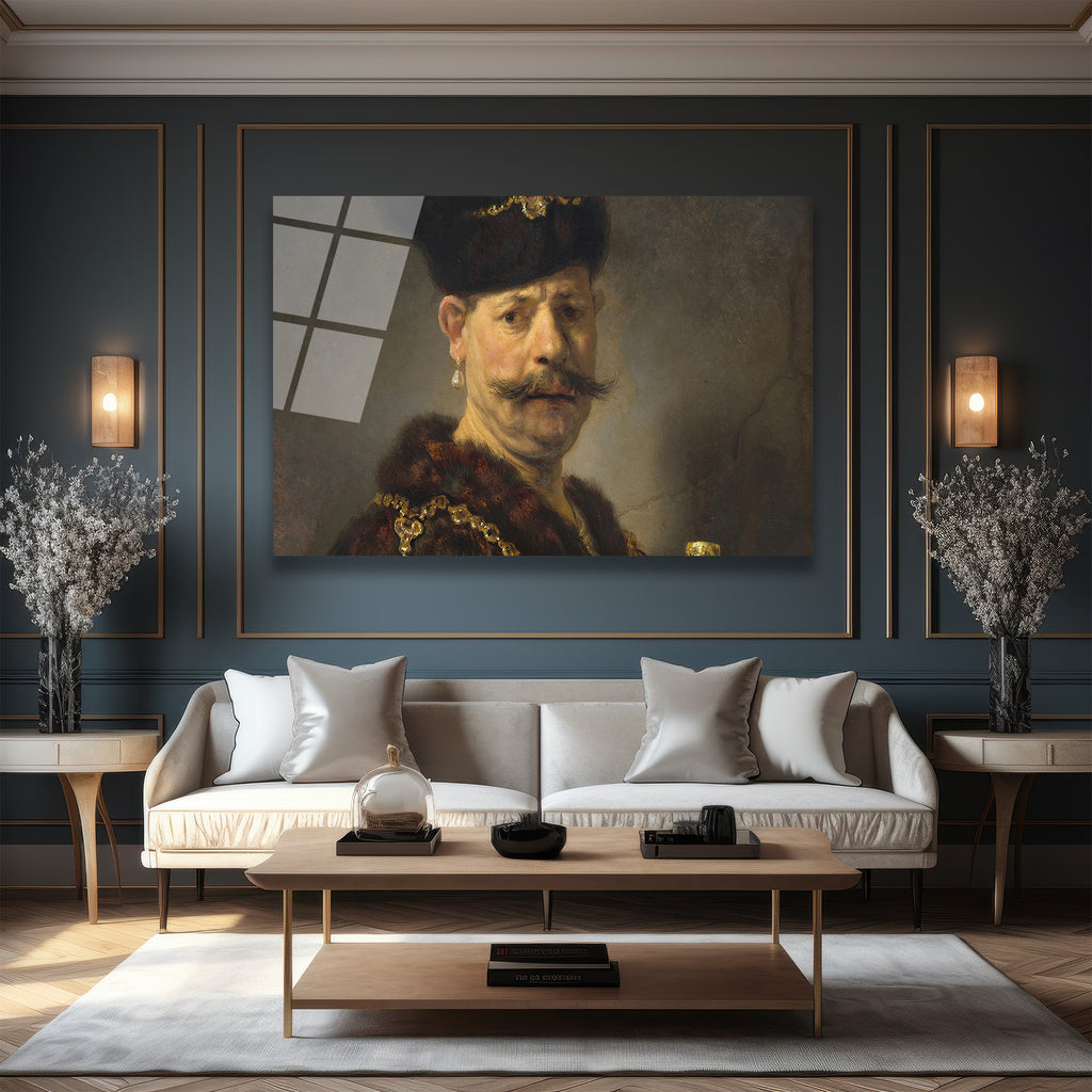 Rembrandt Stili Bıyıklı Adam Portresi Cam Tablo