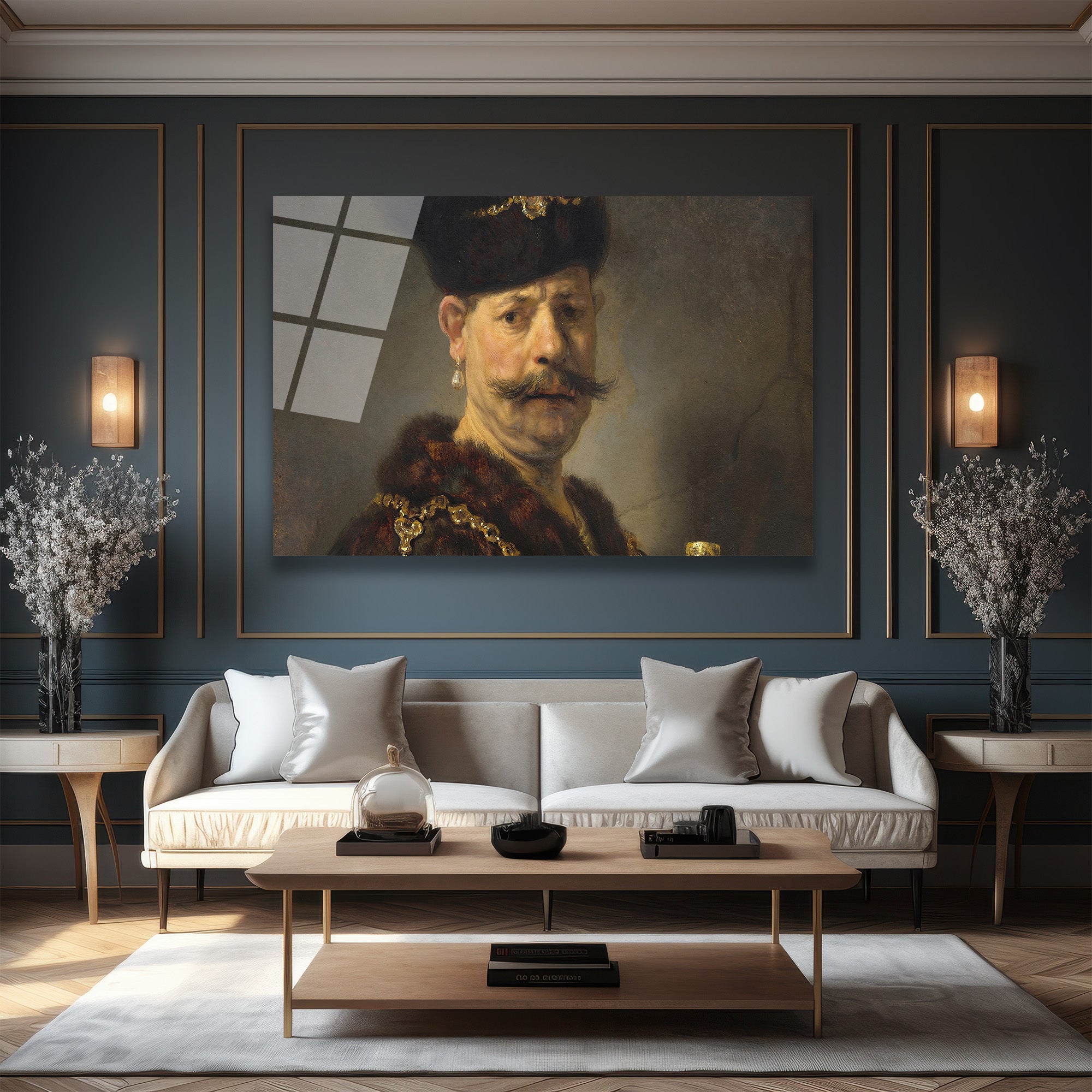 Rembrandt Stili Bıyıklı Adam Portresi Cam Tablo