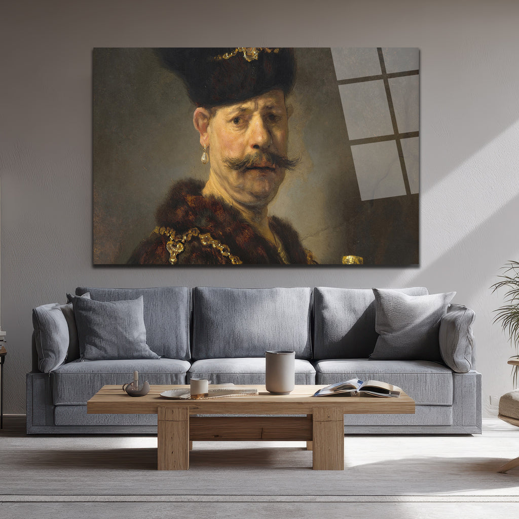 Rembrandt Stili Bıyıklı Adam Portresi Cam Tablo