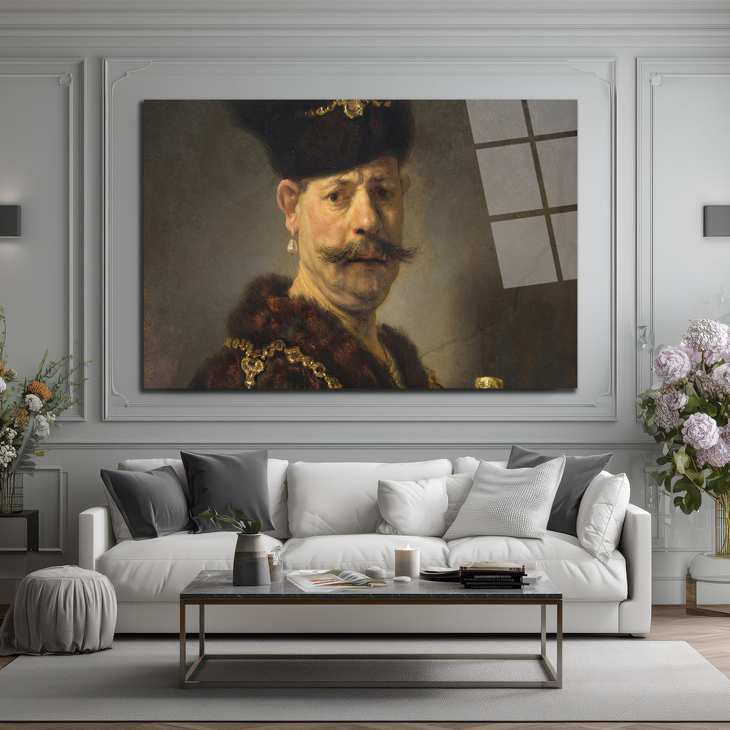 Rembrandt Stili Bıyıklı Adam Portresi Cam Tablo