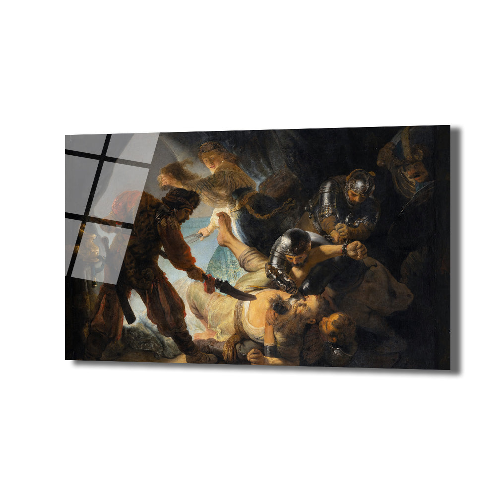 Rembrandt tarzı koyu renklerde, dramatik ışıklandırmalı, tarihi bir sahneyi betimleyen cam tablo. Tabloda bir grup figürün bir kişiyi tuttuğu ve bir diğerinin hançerle yaklaştığı an tasvir edilmiştir, yoğun duygusal bir atmosfer hakimdir.