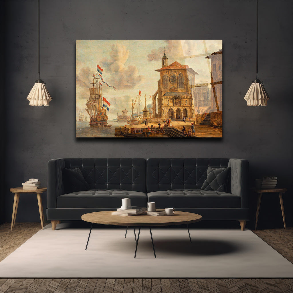 Tarihi Liman Manzarası Klasik Sanat Cam Tablo