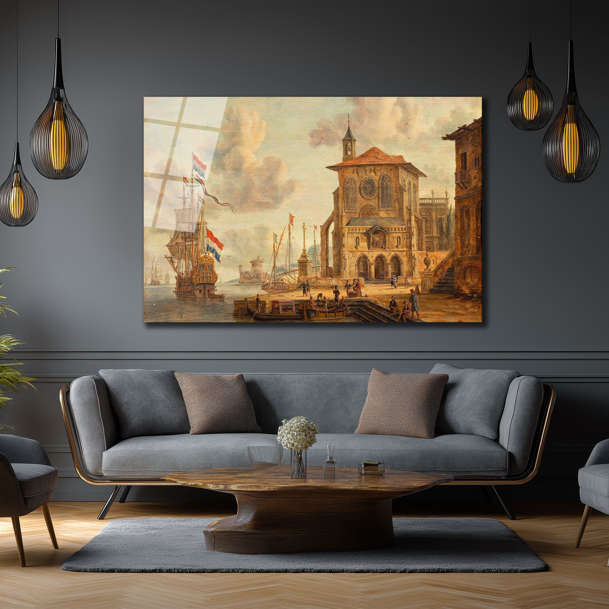 Tarihi Liman Manzarası Klasik Sanat Cam Tablo