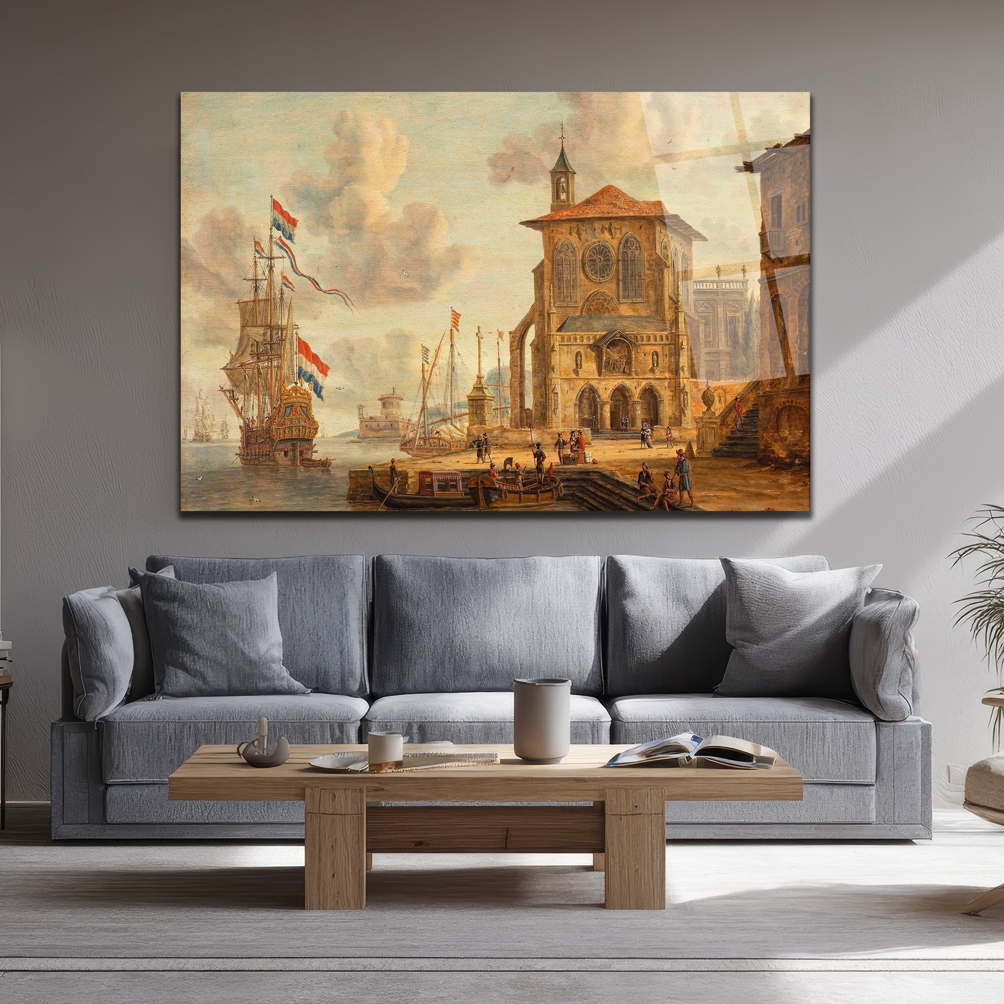 Tarihi Liman Manzarası Klasik Sanat Cam Tablo