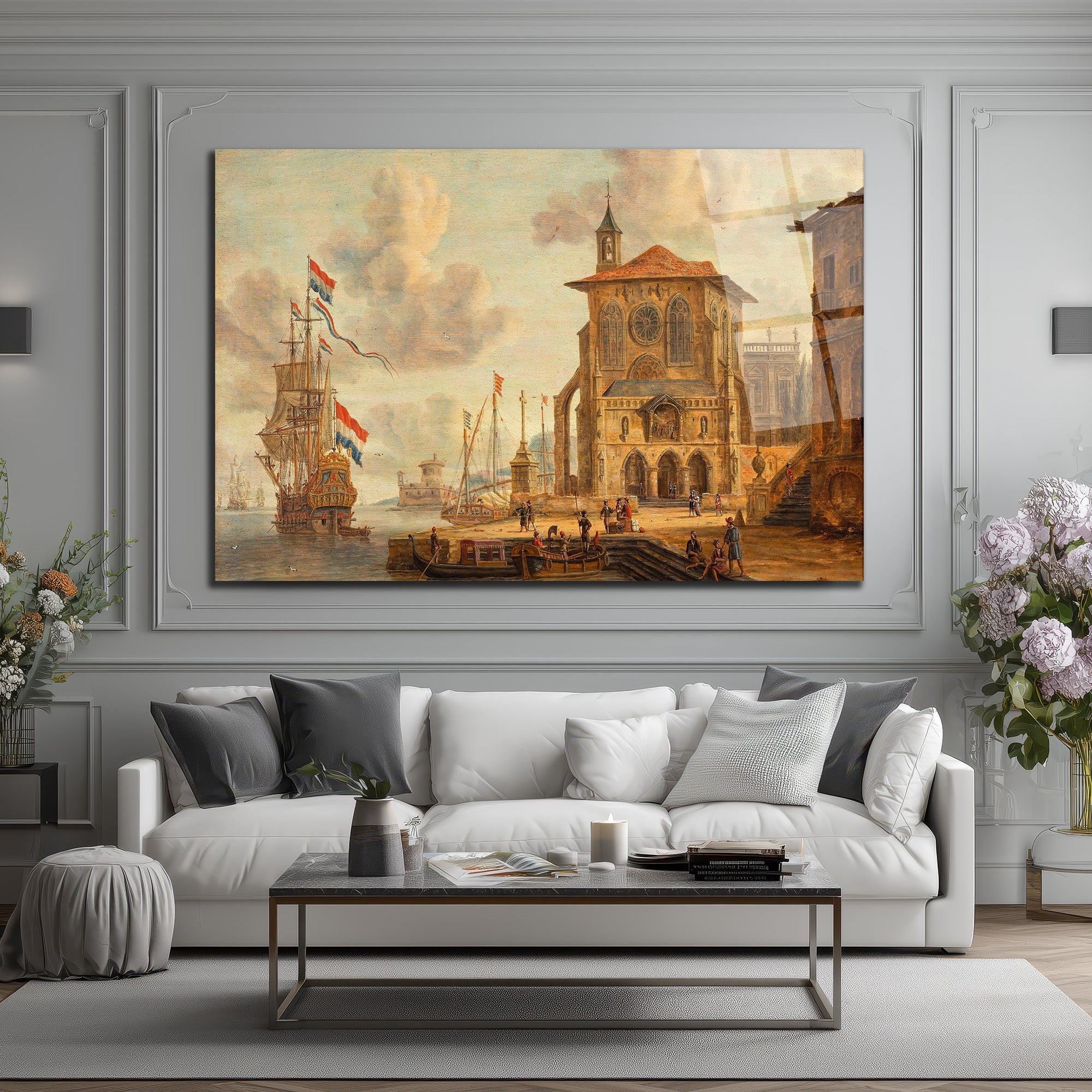 Tarihi Liman Manzarası Klasik Sanat Cam Tablo