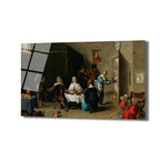 17. yüzyıl Hollanda tarzı bir iç mekanda, zengin giyimli insanların bir ziyafet sofrasında toplandığı, müzisyenlerin çaldığı ve bir hizmetçinin yemek sunduğu canlı bir sahneyi betimleyen cam tablo. Köpek ve günlük objelerle dolu detaylı bir kompozisyon.