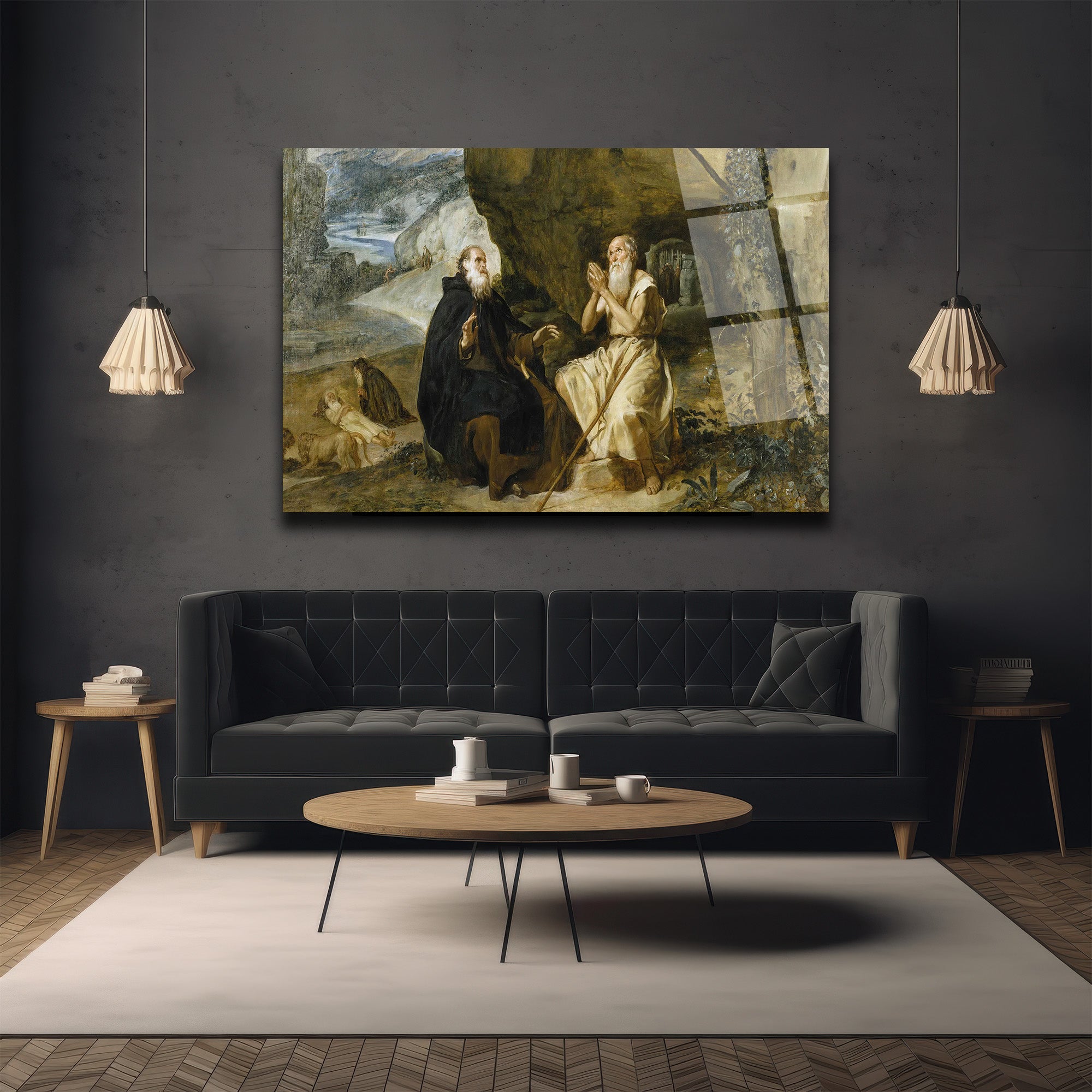 Mağarada İki Yaşlı Adam: Klasik Sanat Temalı UV Baskılı Cam Tablo