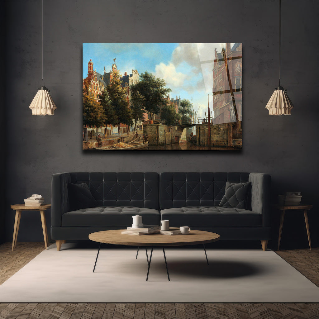 Hollanda Kanal Manzarası Klasik Sanat Cam Tablo