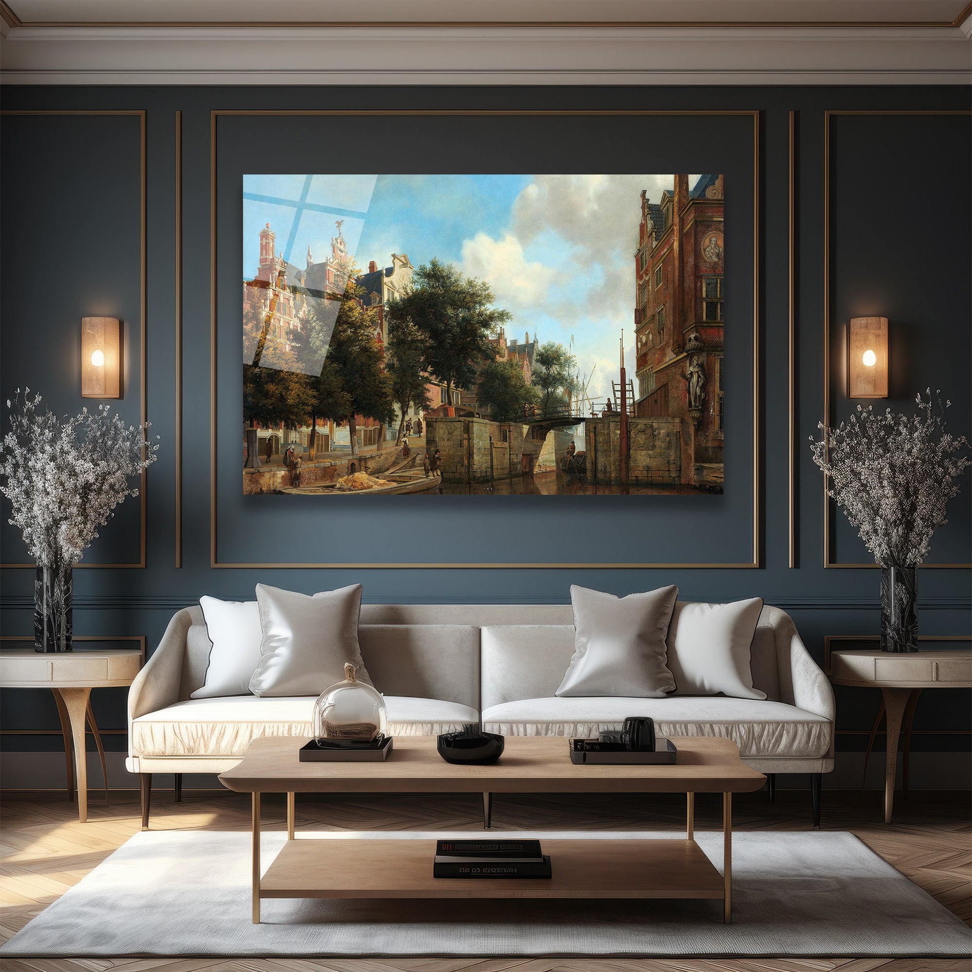Hollanda Kanal Manzarası Klasik Sanat Cam Tablo