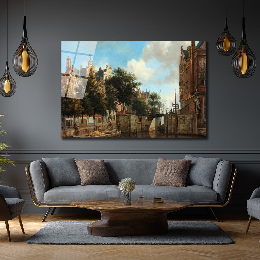 Hollanda Kanal Manzarası Klasik Sanat Cam Tablo