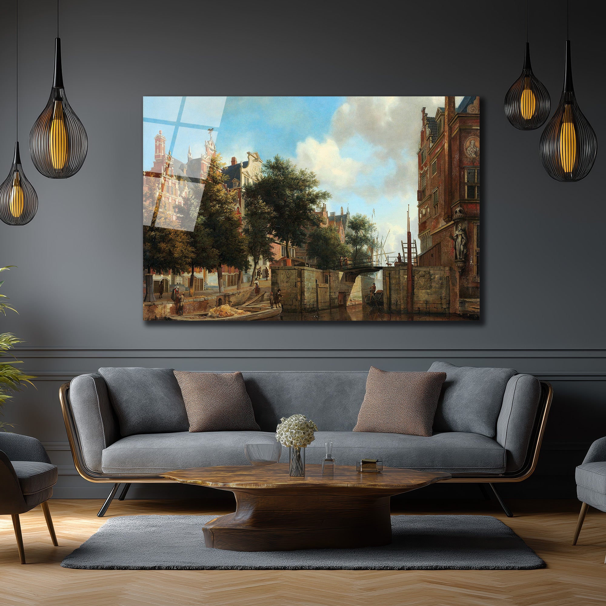 Hollanda Kanal Manzarası Klasik Sanat Cam Tablo