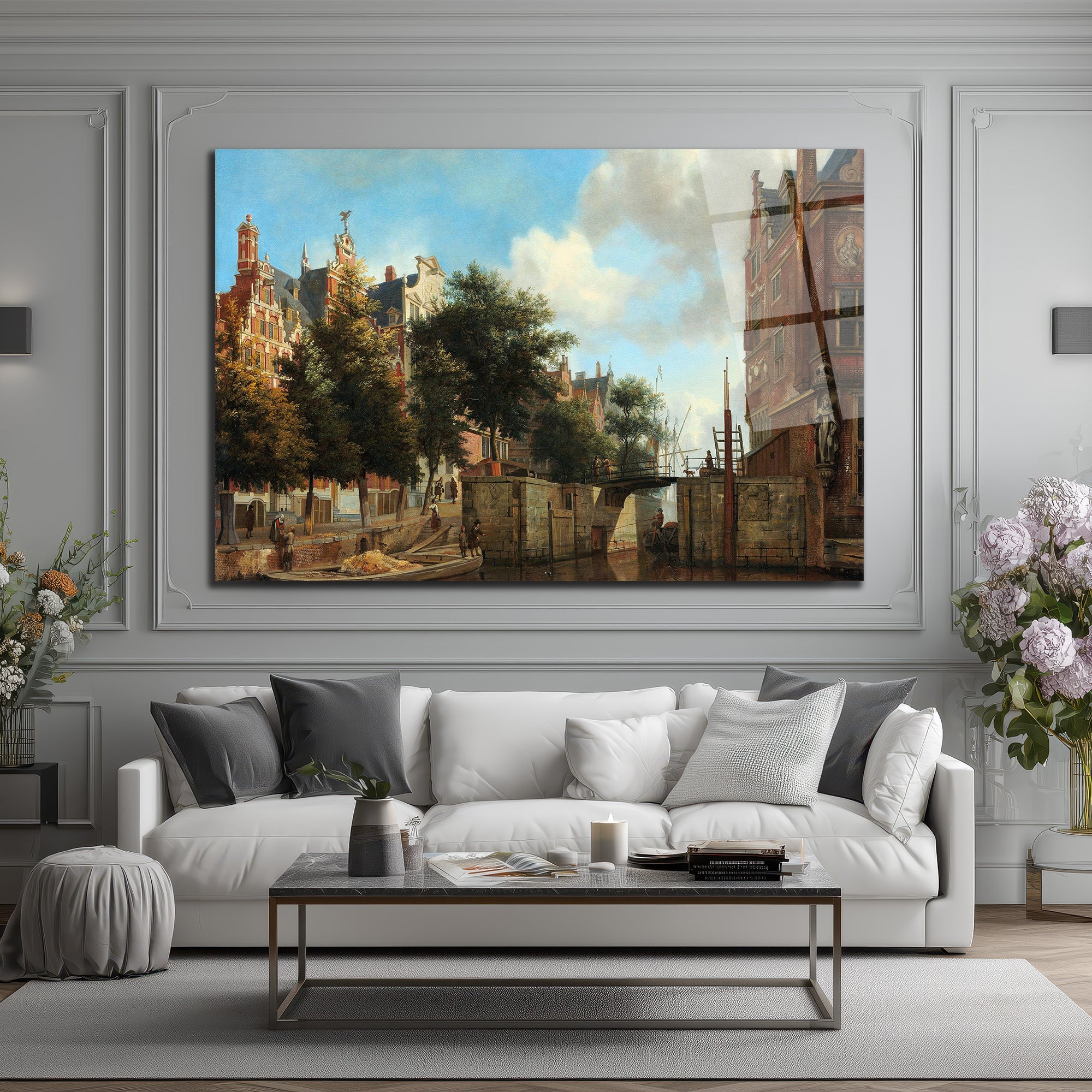 Hollanda Kanal Manzarası Klasik Sanat Cam Tablo