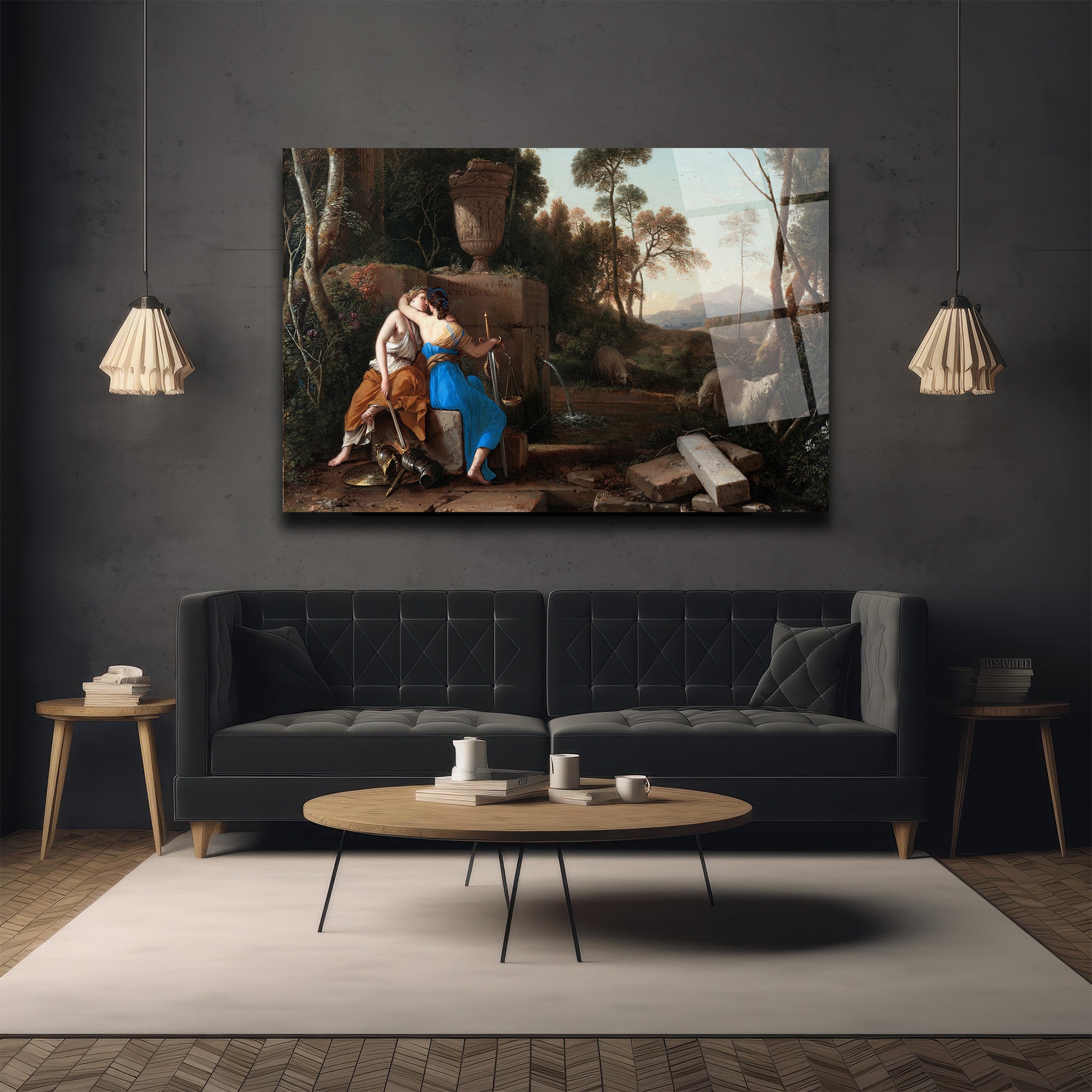 Adalet ve Barışın Kucaklaşması Klasik Sanat Cam Tablo