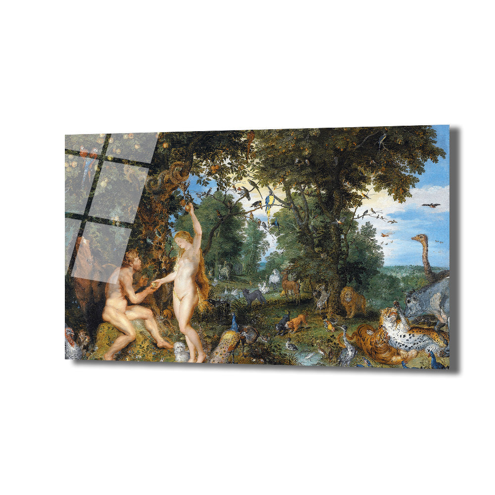 Jan Brueghel ve Peter Paul Rubens'in Cennet Bahçesi'ni tasvir ettiği klasik bir tablo. Adem ve Havva'nın bir ağacın altında durduğu, Havva'nın Adem'e yasak meyveyi sunduğu anı gösteriyor. Etraflarında aslanlar, leoparlar, tavus kuşları, kuşlar ve geyikler gibi çok sayıda hayvan barış içinde yaşıyor. Yeşil ağaçlar, mavi gökyüzü ve canlı hayvan figürleriyle dolu pastoral bir sahne.