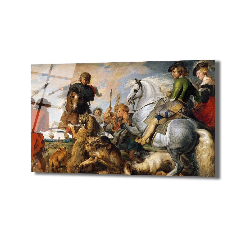 Peter Paul Rubens'in dinamik av sahnesini betimleyen, atlı avcılar, köpekler ve vahşi hayvanların dramatik mücadelesini gösteren, zengin renkli bir klasik sanat eseri cam tablo.