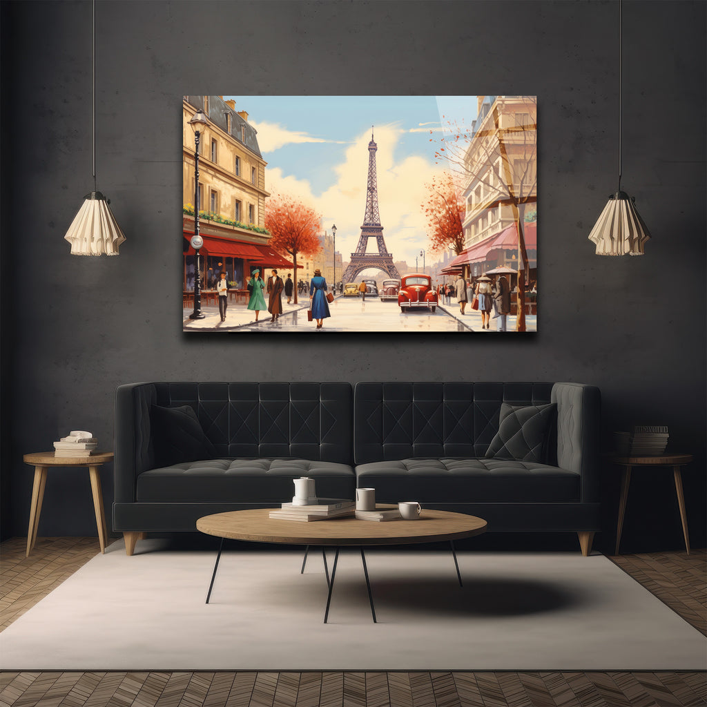 Eiffel Kulesi Manzaralı Paris Sokağı Sanat Cam Tablo