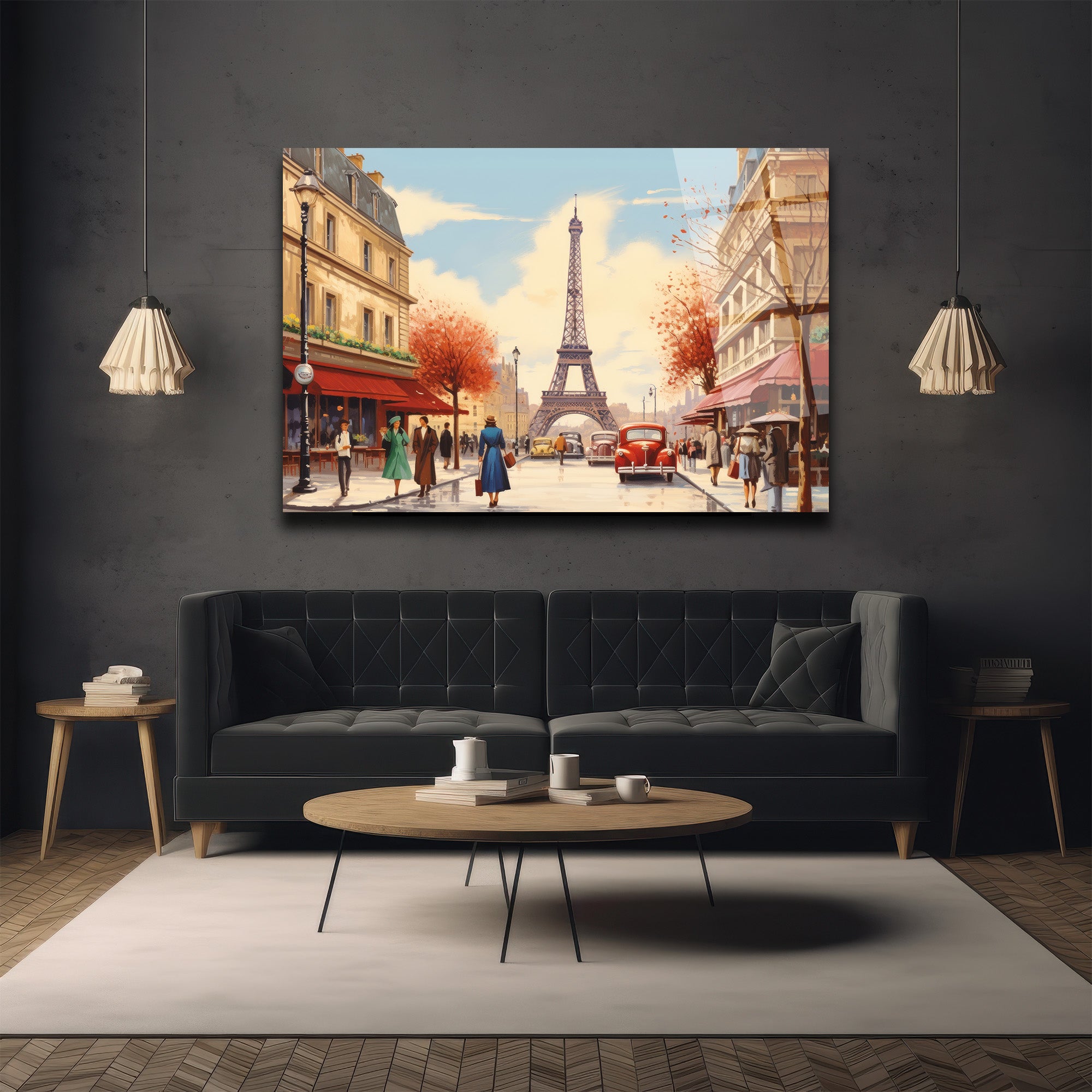 Eiffel Kulesi Manzaralı Paris Sokağı Sanat Cam Tablo