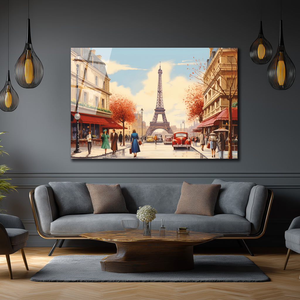 Eiffel Kulesi Manzaralı Paris Sokağı Sanat Cam Tablo
