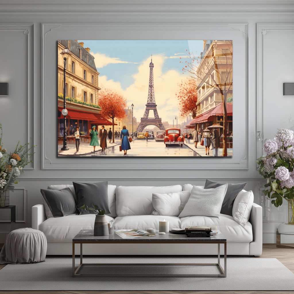 Eiffel Kulesi Manzaralı Paris Sokağı Sanat Cam Tablo