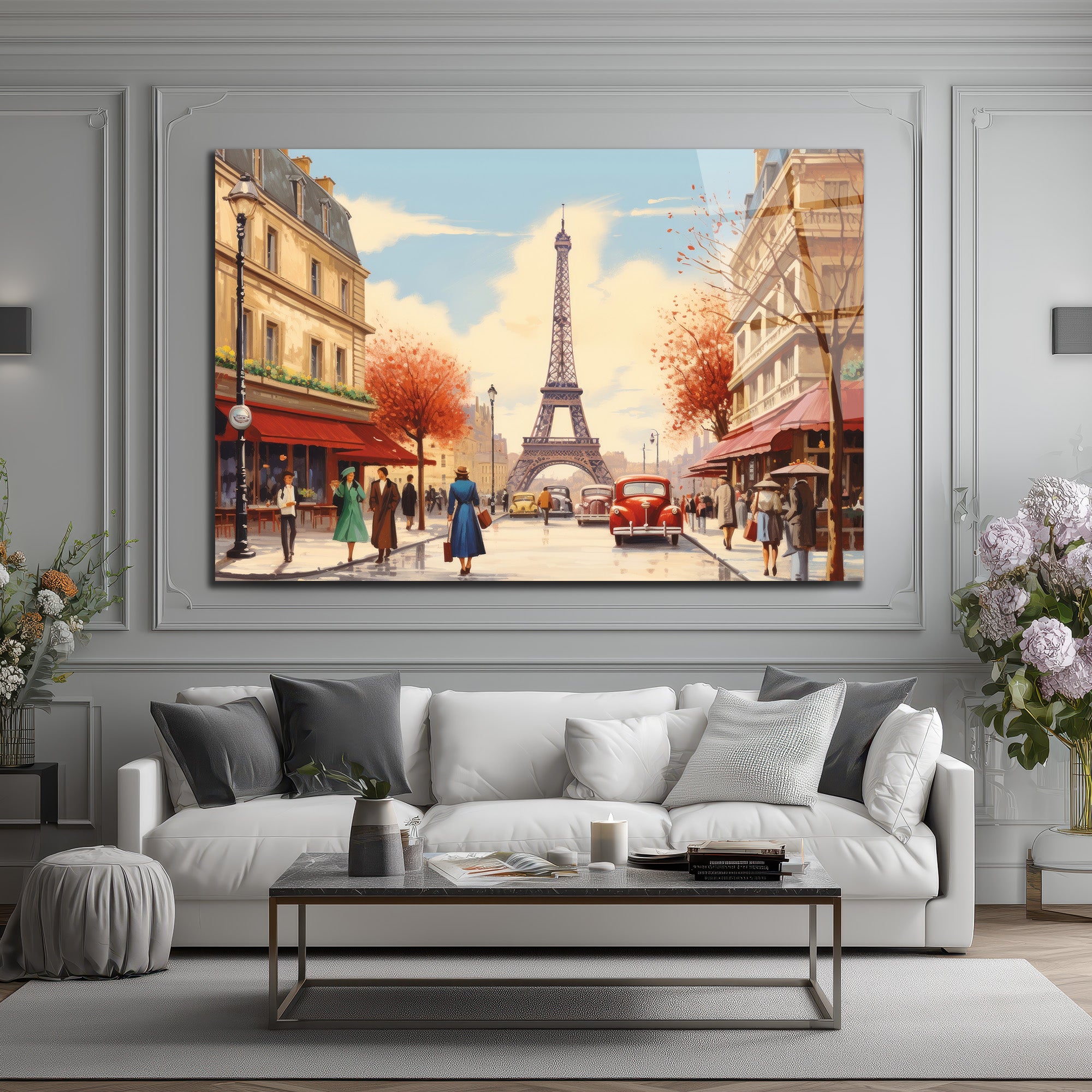Eiffel Kulesi Manzaralı Paris Sokağı Sanat Cam Tablo