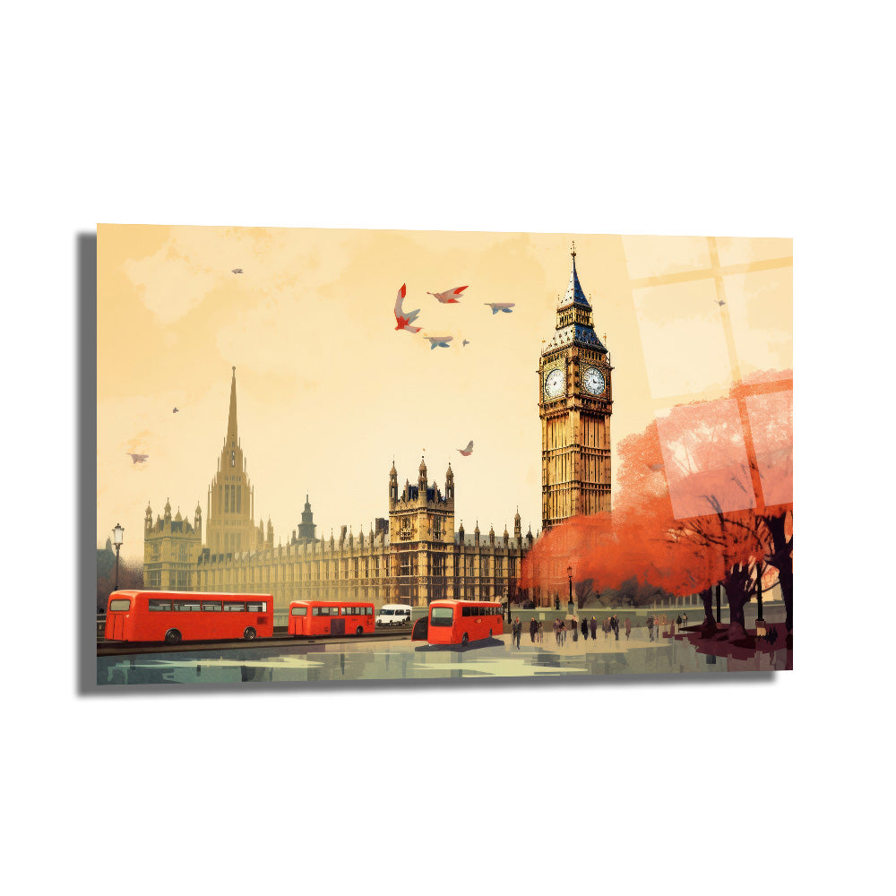 Londra Büyüsü: Big Ben ve Kırmızı Otobüsler Cam Tablo