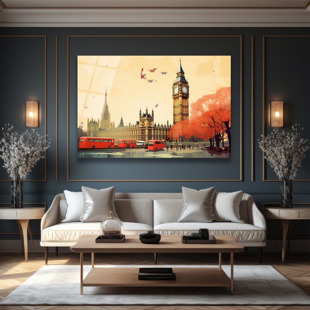 Londra Büyüsü: Big Ben ve Kırmızı Otobüsler Cam Tablo