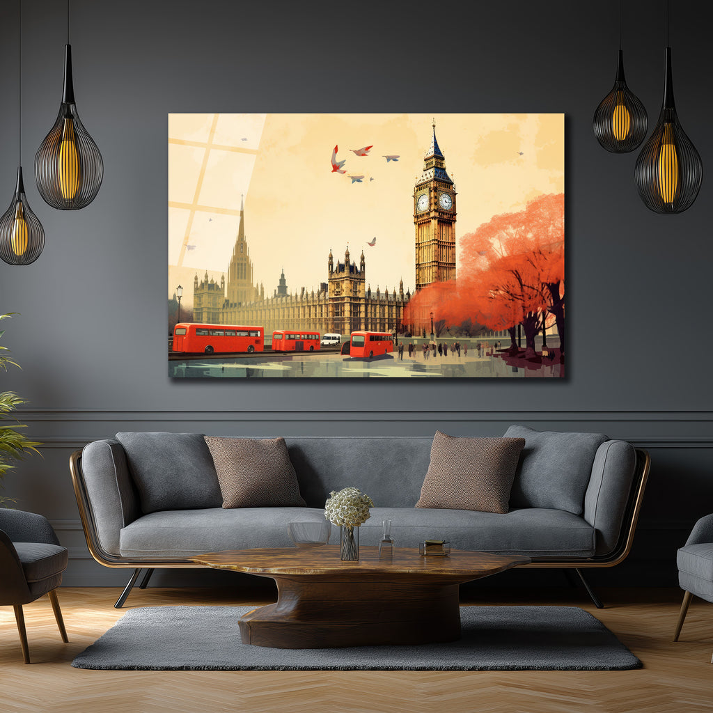 Londra Büyüsü: Big Ben ve Kırmızı Otobüsler Cam Tablo