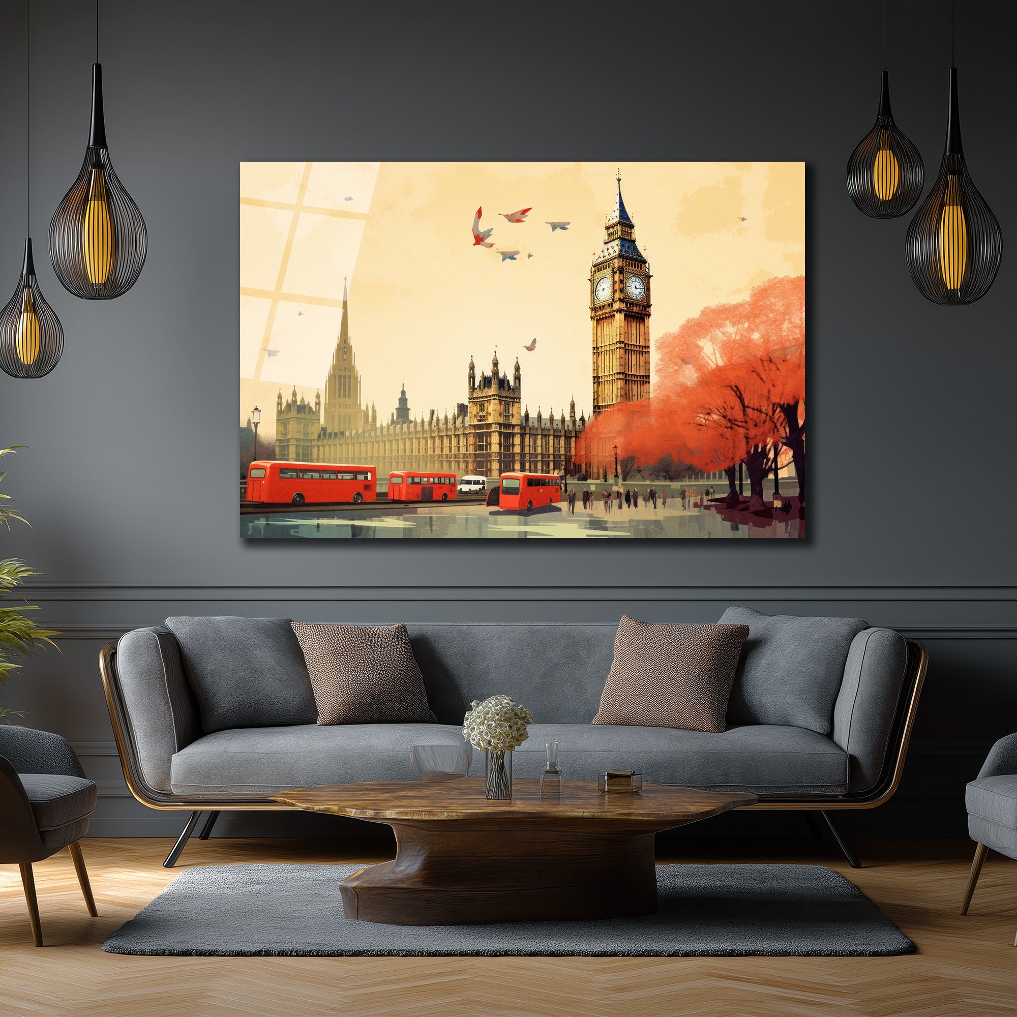 Londra Büyüsü: Big Ben ve Kırmızı Otobüsler Cam Tablo