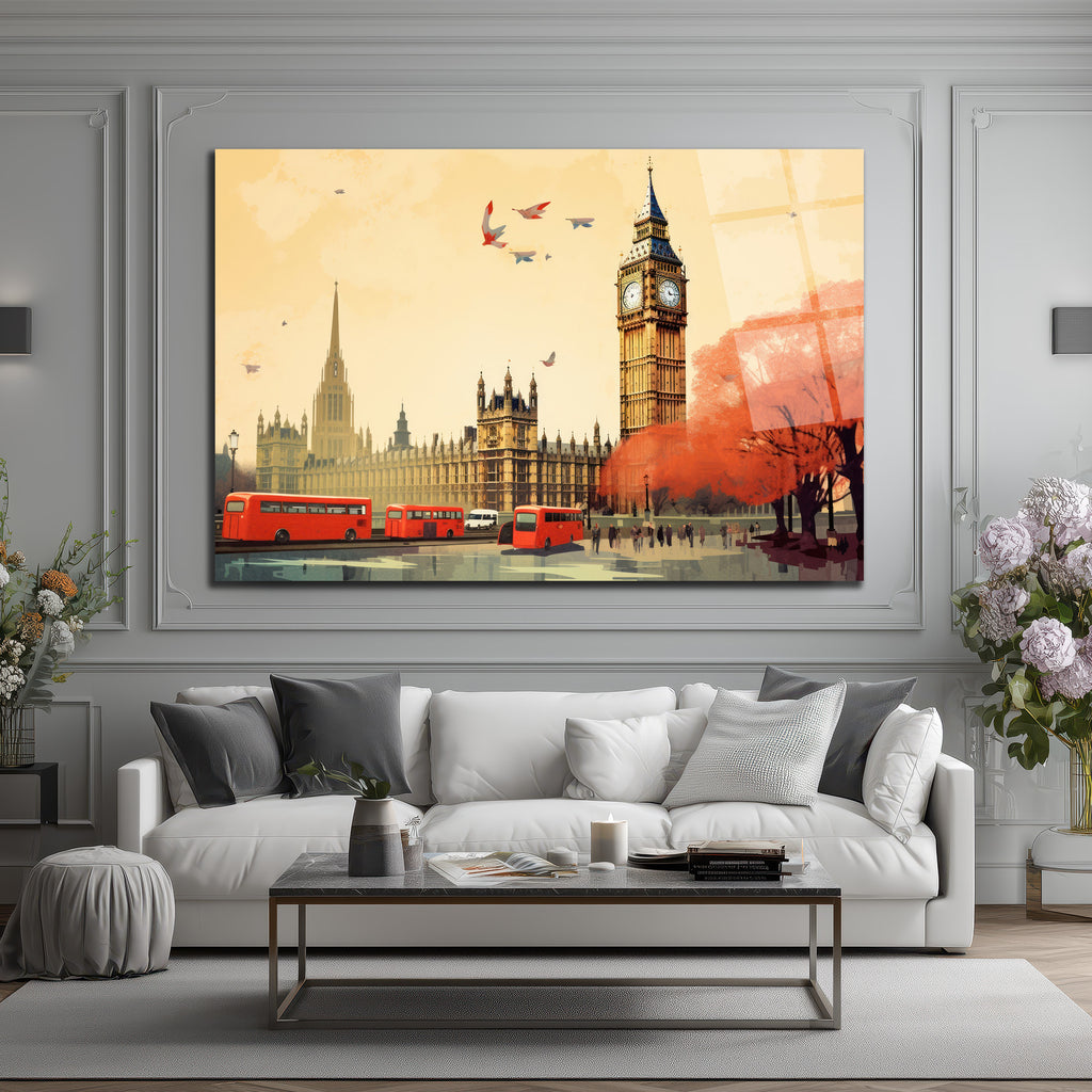 Londra Büyüsü: Big Ben ve Kırmızı Otobüsler Cam Tablo