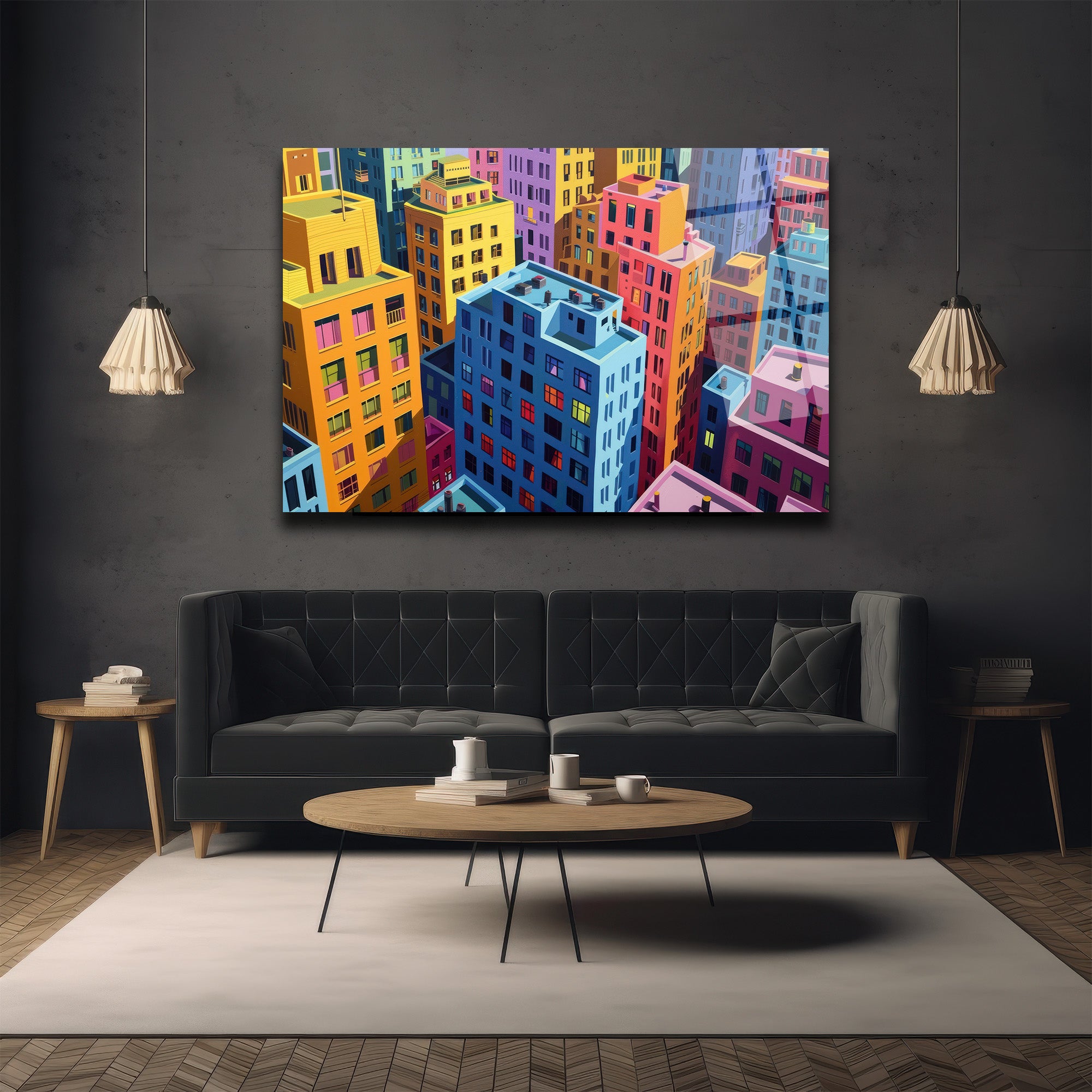 Pop Art Şehir Manzarası Cam Tablo: Kentsel Rüyaların Canlı Yansıması