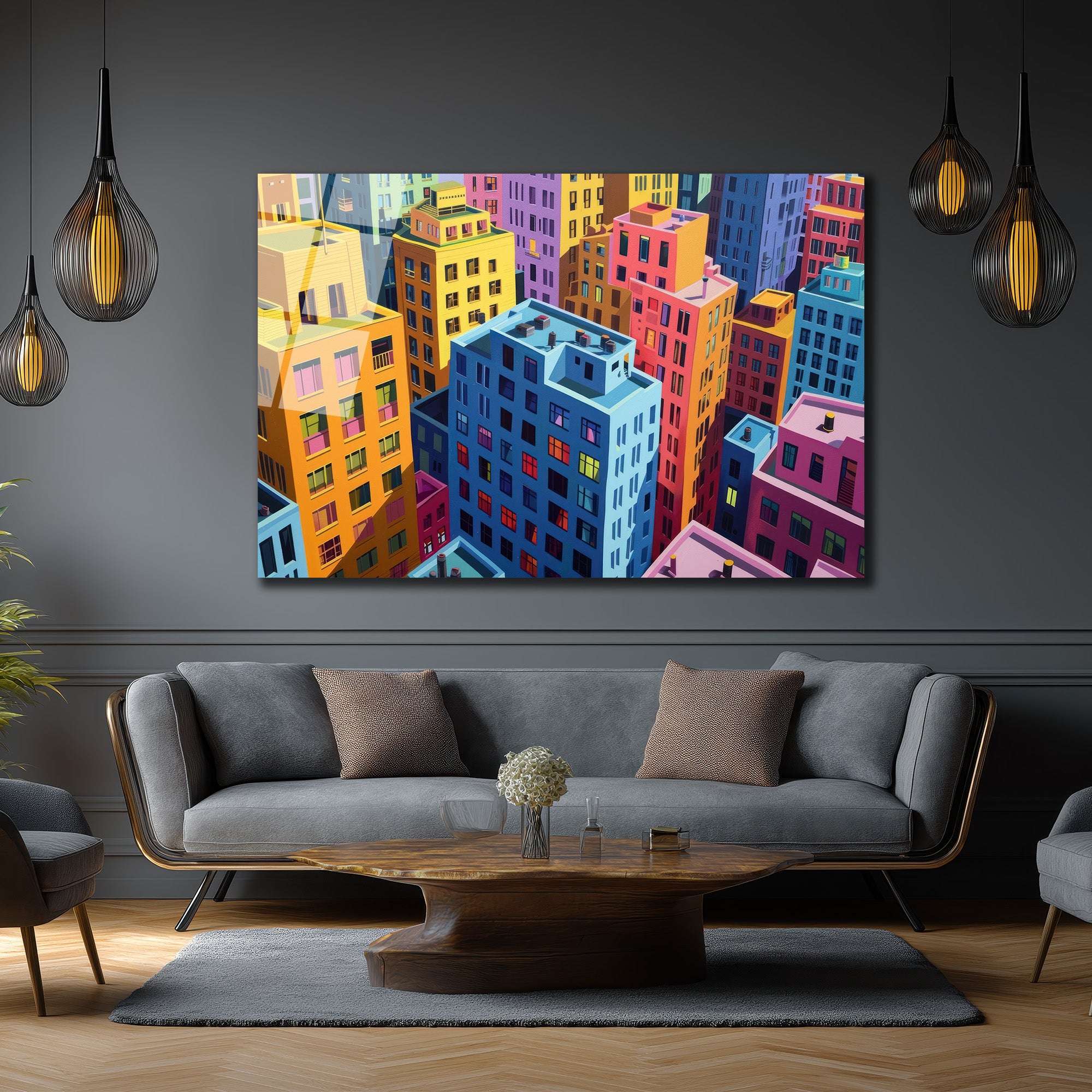 Pop Art Şehir Manzarası Cam Tablo: Kentsel Rüyaların Canlı Yansıması