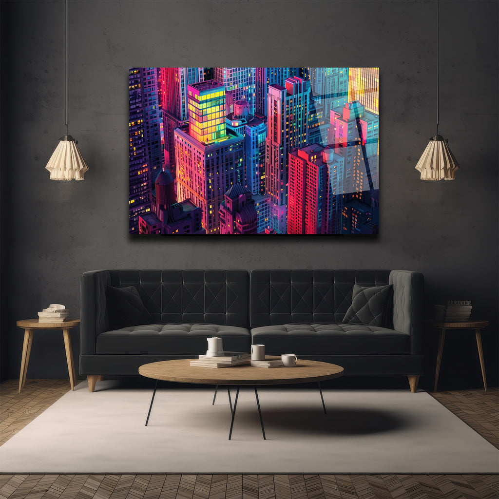 Neon Şehir Işıkları Cam Tablo - Modern Şehir Manzarası