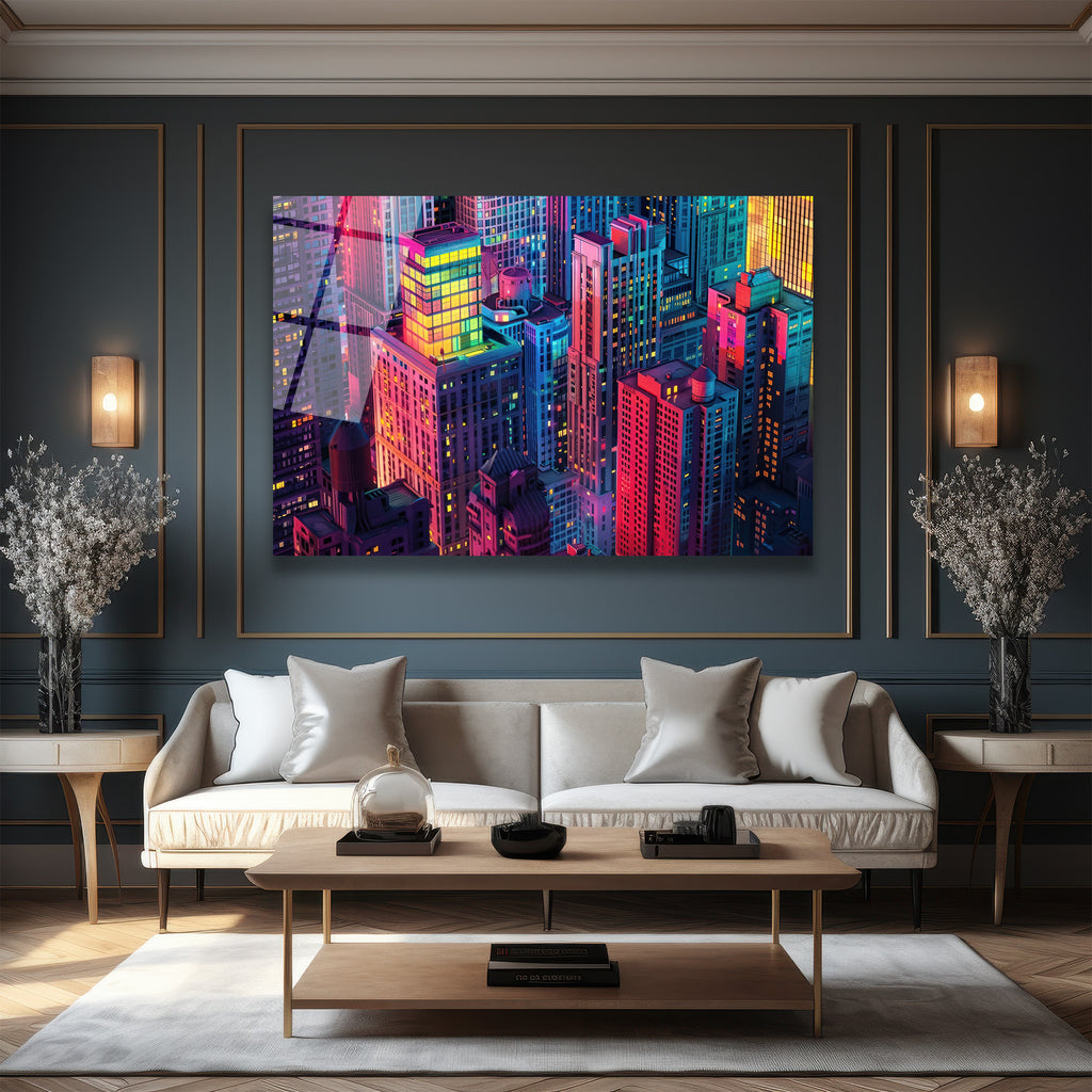 Neon Şehir Işıkları Cam Tablo - Modern Şehir Manzarası