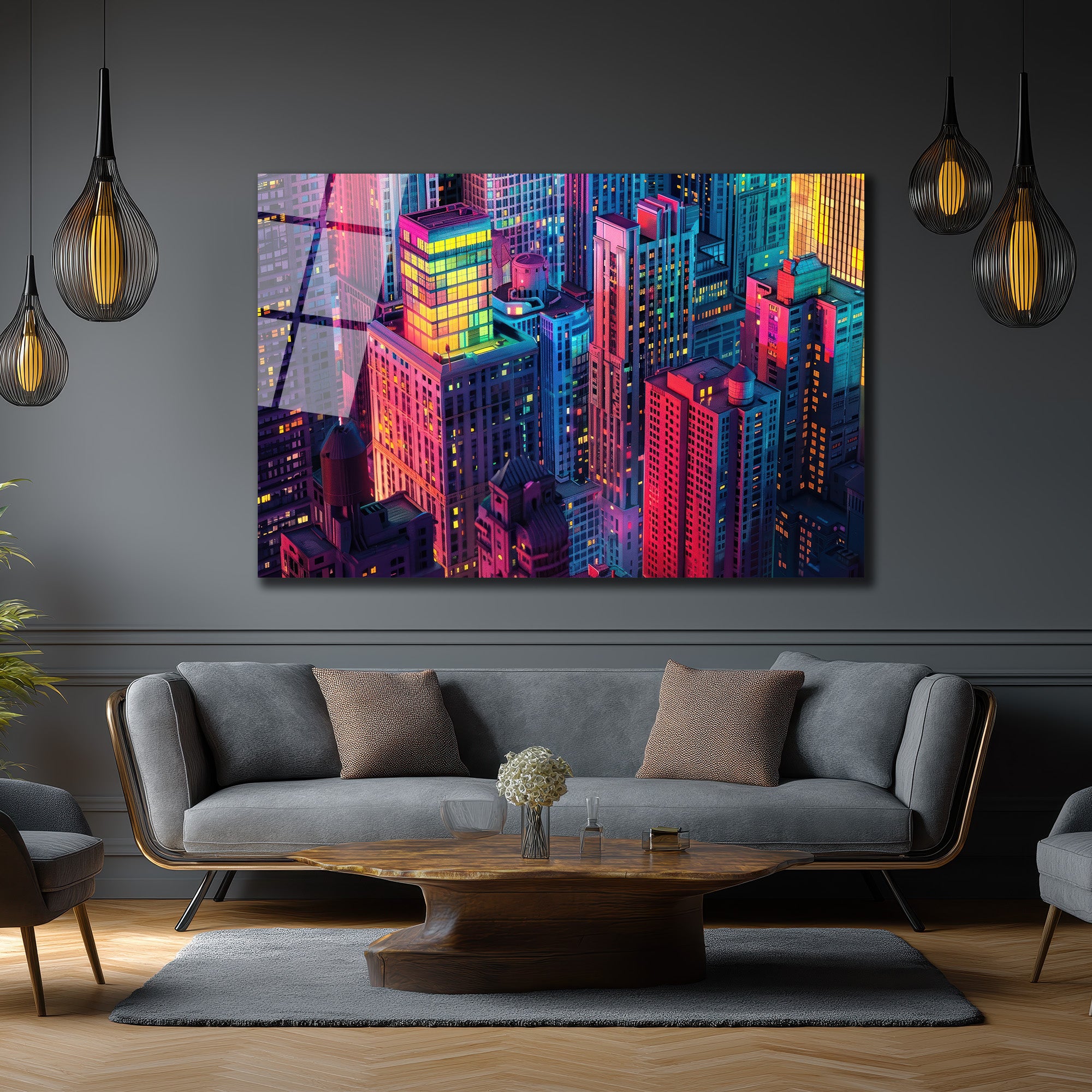 Neon Şehir Işıkları Cam Tablo - Modern Şehir Manzarası