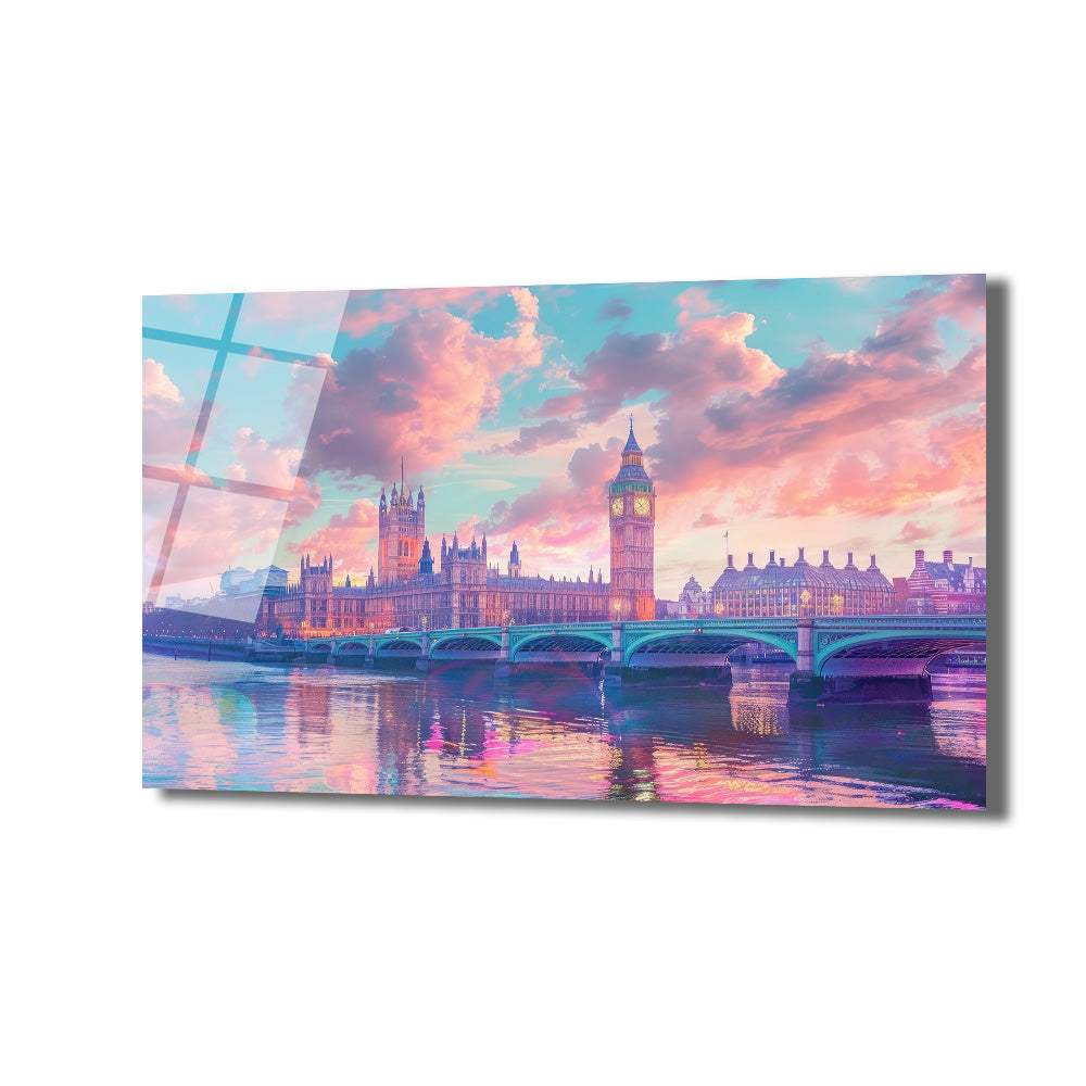 Londra'daki Big Ben ve Parlamento Binası'nın nehir üzerindeki yansıması, pembe ve turkuaz tonlarında bulutlarla süslenmiş büyüleyici gün batımı gökyüzünün altında çekilmiş, renkli ve canlı bir cam tablo görseli.