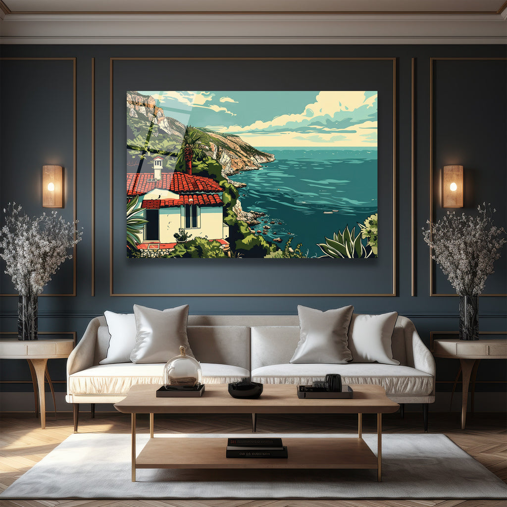 Akdeniz Rüyası Sahil Evi Manzaralı Cam Tablo - Glazella Özel Koleksiyon