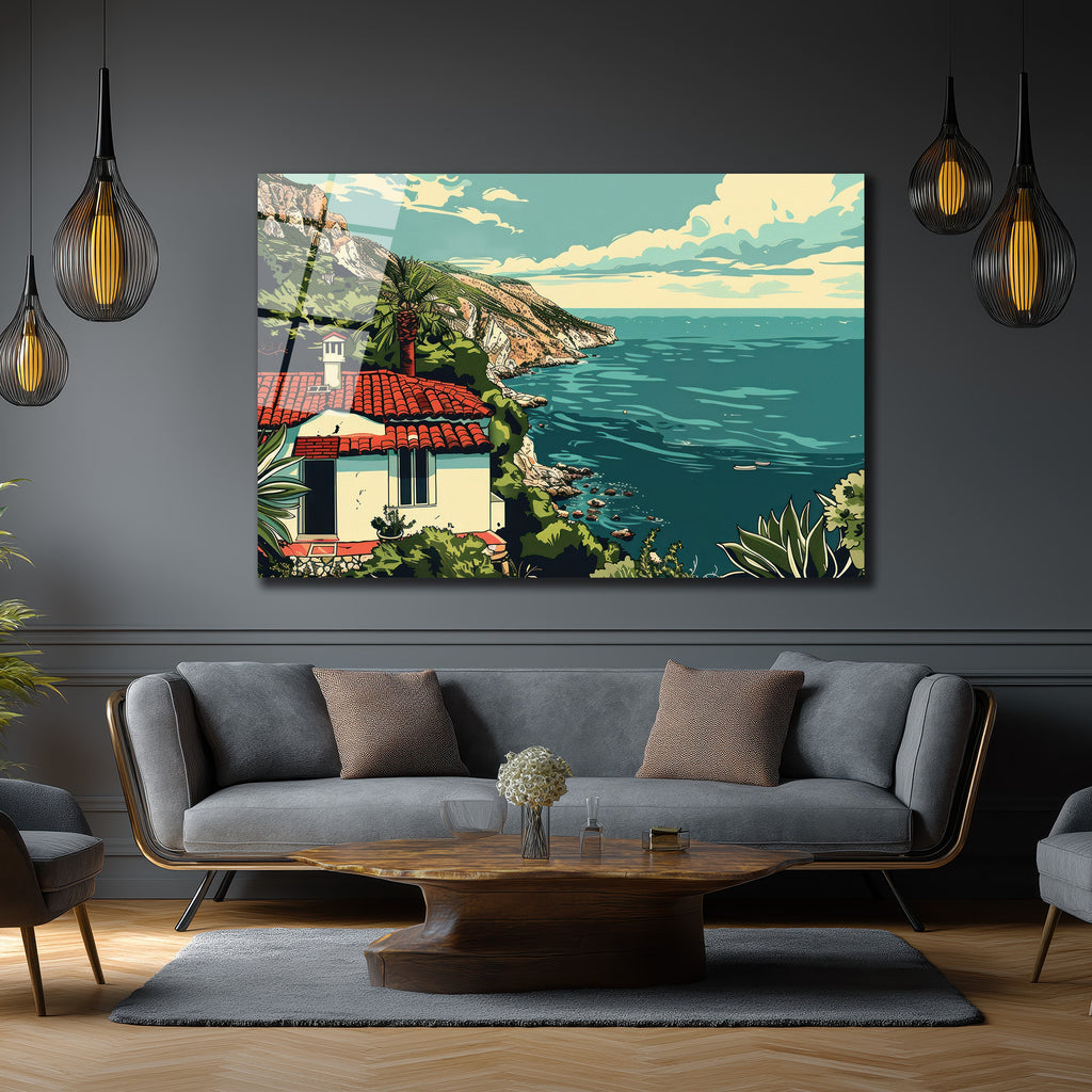 Akdeniz Rüyası Sahil Evi Manzaralı Cam Tablo - Glazella Özel Koleksiyon