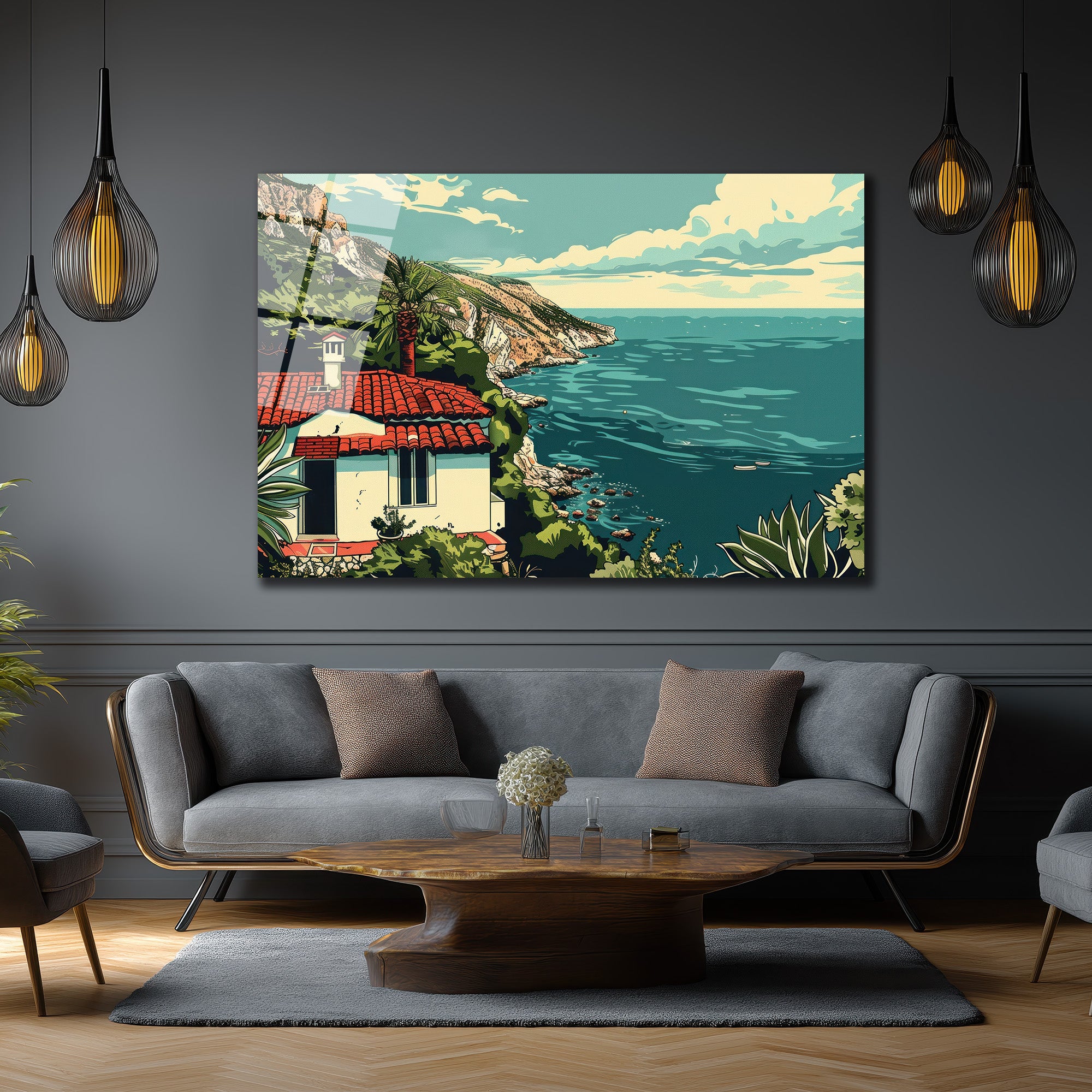 Akdeniz Rüyası Sahil Evi Manzaralı Cam Tablo - Glazella Özel Koleksiyon