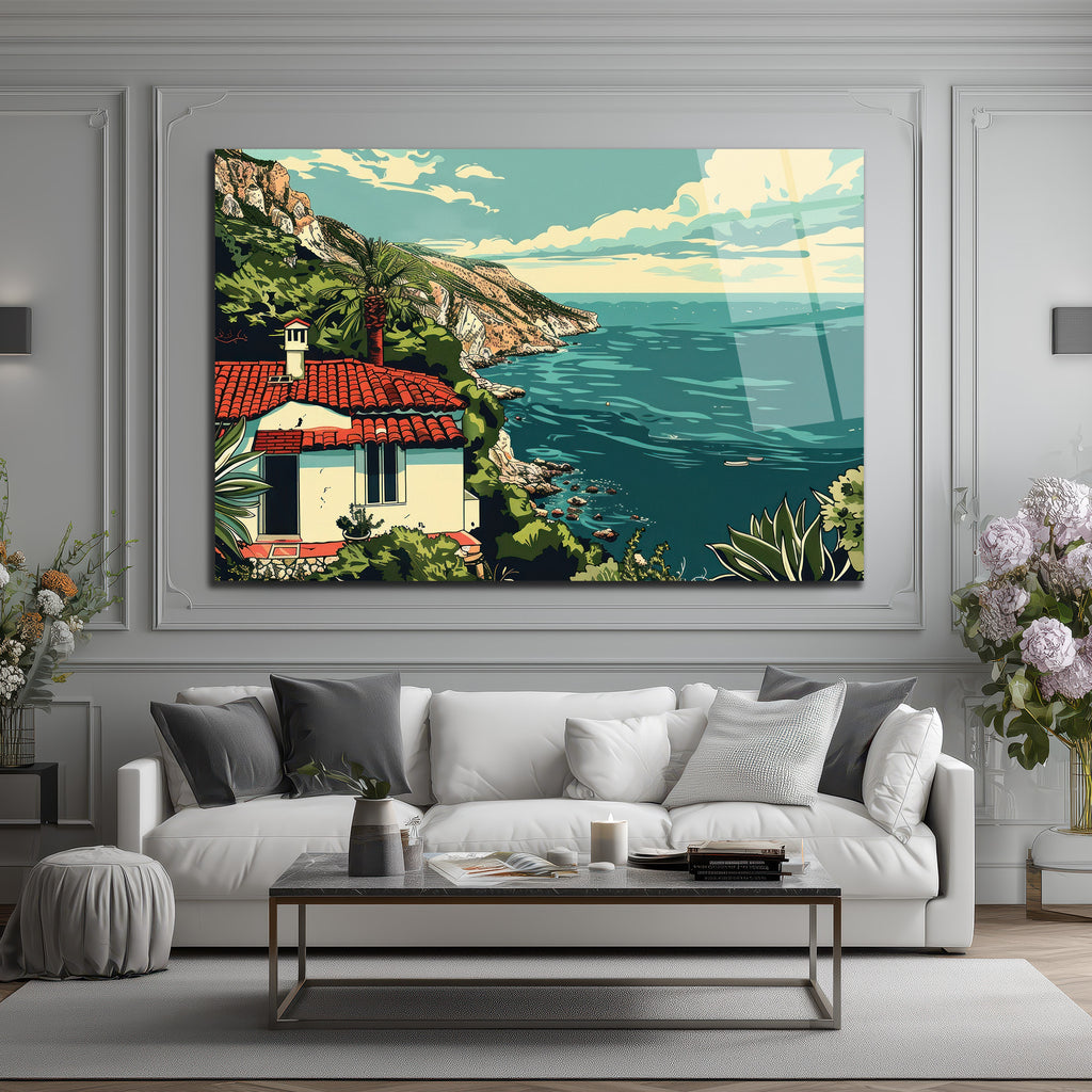 Akdeniz Rüyası Sahil Evi Manzaralı Cam Tablo - Glazella Özel Koleksiyon