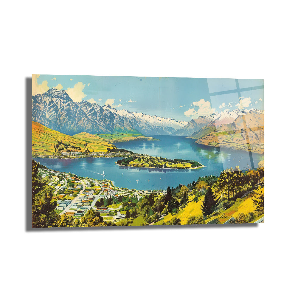 Queenstown Manzarası Cam Tablo - Karlı Dağlar ve Huzurlu Göl