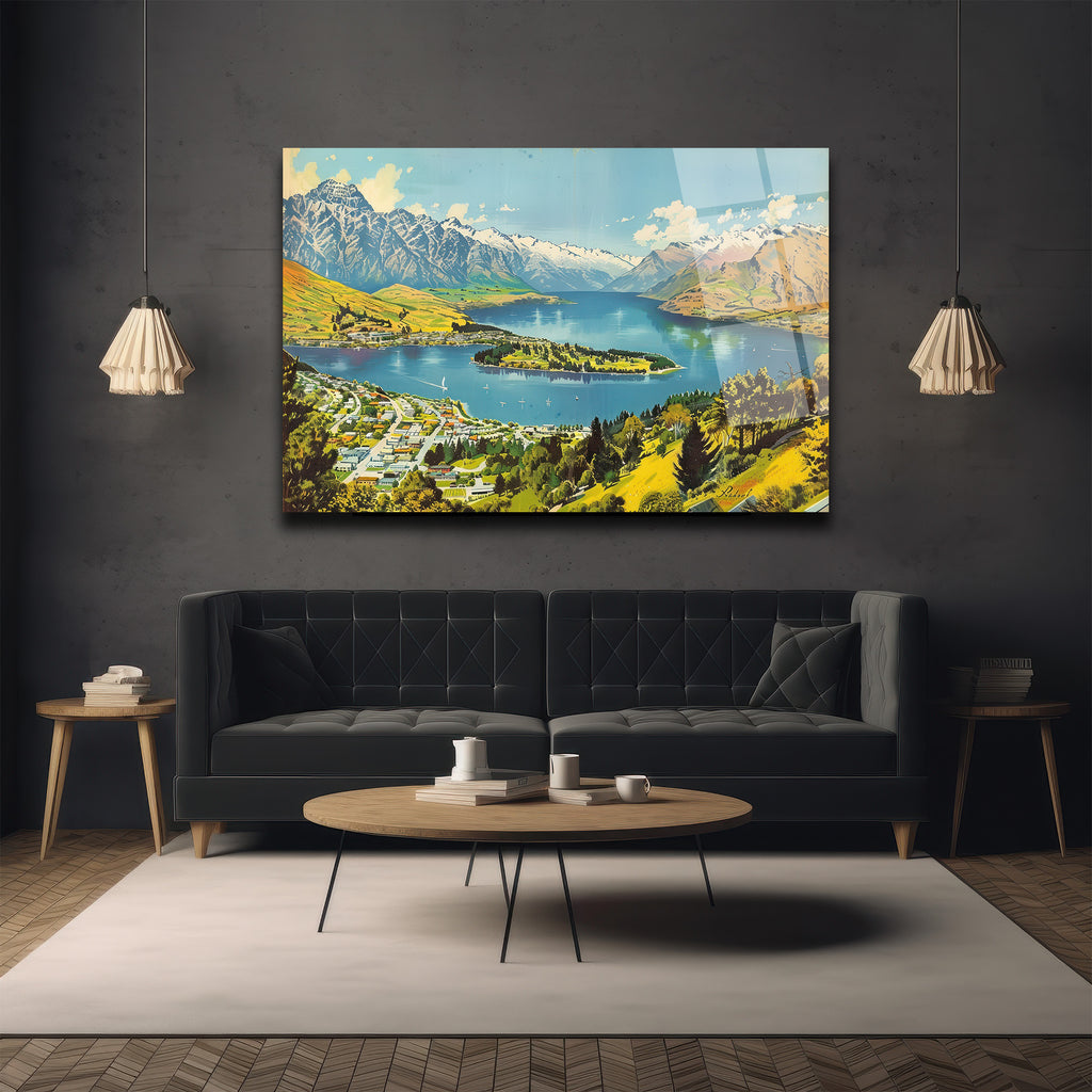 Queenstown Manzarası Cam Tablo - Karlı Dağlar ve Huzurlu Göl